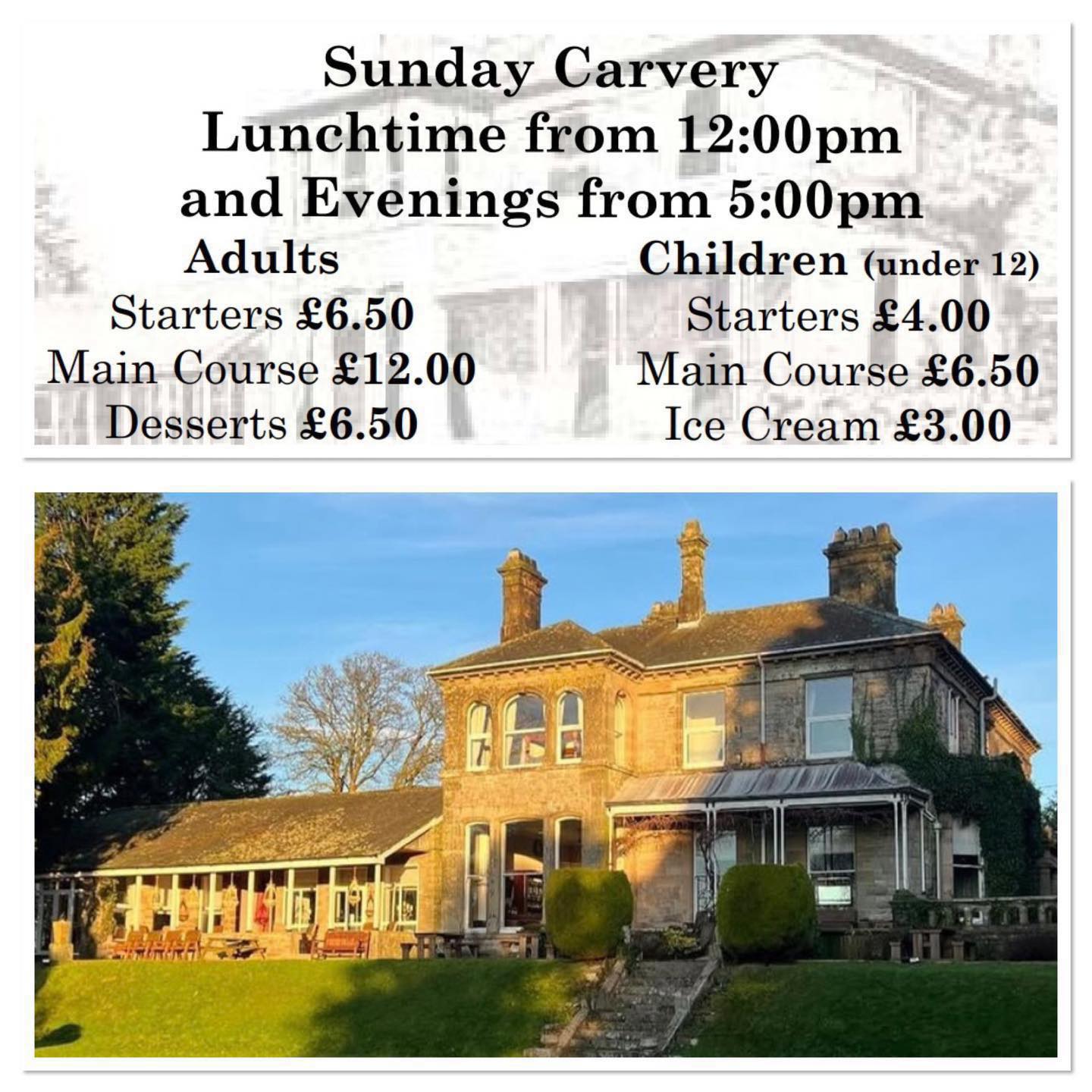 SUNDAY CARVERY
serving Sunday Afternoon from 12pm and Evening from 5pm
Takeaways available
Call or message to book now
01900 824400
