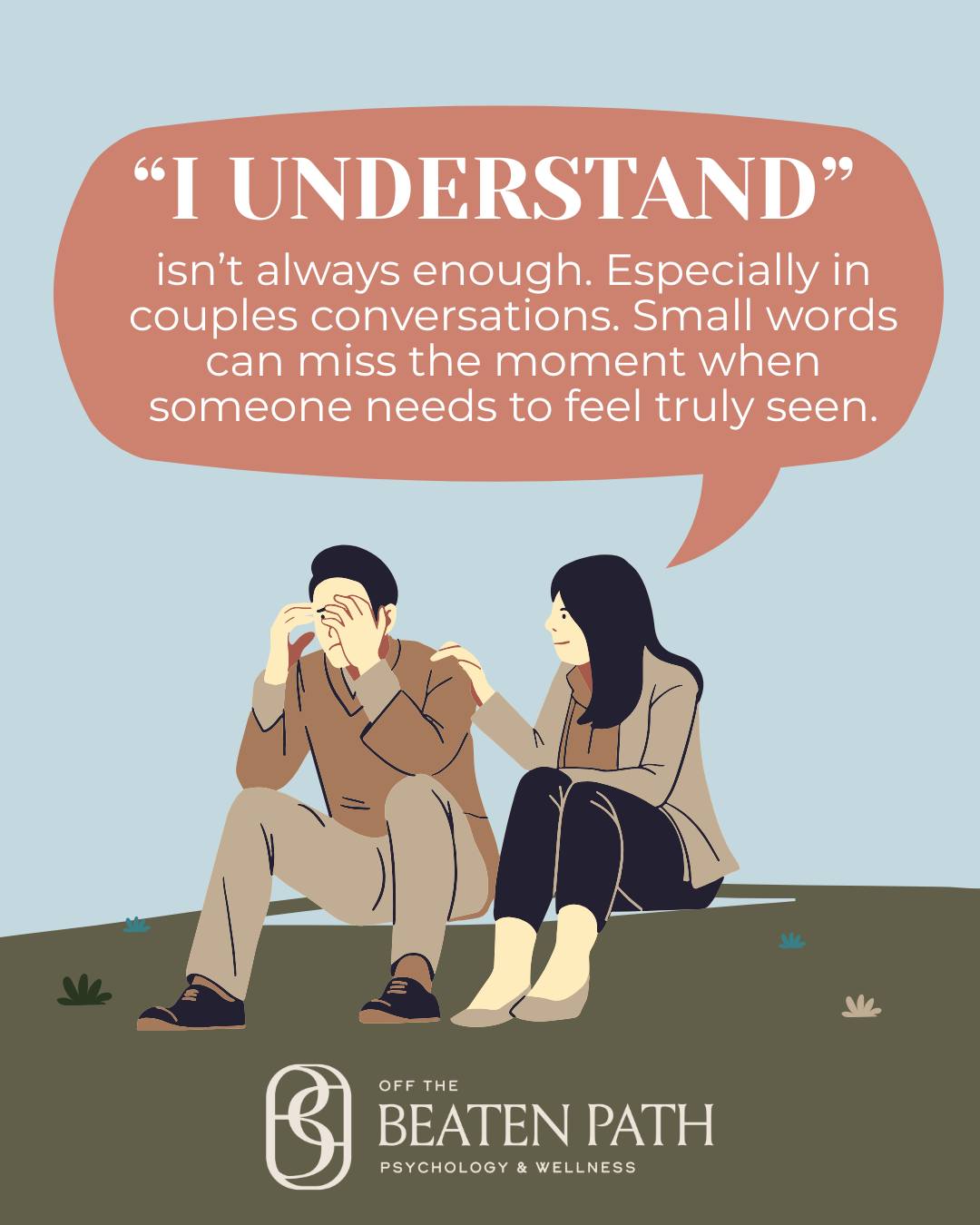 “I understand” is often said with good intentions. But in couples counselling, it does not always land the way we hope.
Understanding is not something we declare. It is something we demonstrate.
When a partner hears their experience reflected back in clear, caring words, their body often feels it first. Shoulders soften. Breathing slows. Defensiveness eases.
Validation does not mean agreement. It means recognition. A small shift can make a big difference. Instead of saying “I understand,” try naming what you actually heard.
“You felt alone when I did not respond.” “That brought up old feelings of being on your own.”
Feeling understood is regulating. And regulation is what allows connection to grow.
If conversations with your partner tend to escalate or shut down, slowing things down with support can help build new patterns of safety and repair.
#obpwellness #couplescounselling #relationshipcommunication #feelingheard #emotionalvalidation #nervoussystem #attachmentfocused #traumainformedrelationships #calgarytherapist #airdrietherapist #cochranetherapist