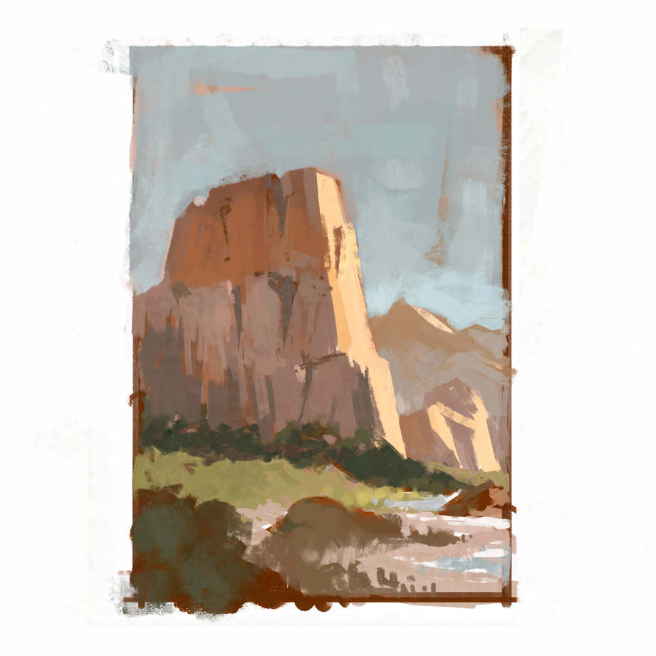 A small thumbnail/color demo from last term. The students were working on a concept for a National Parks poster. We discussed creating notans and why simplification of shapes and values matters. It's a concept that you constantly have to refer back to—it's always relevant.
This image is from Zion National Park. My wife and I visited it a couple of times when we were first married. We climbed with some very competent friends. We were adventurous... and extremely naive.
The last slides are from Pine Creek Canyon in 2008. The last rappel is 100ft. Joanna and I went down it simultaneously on 200ft of rope. Joanna's smile says it all—a mix of bravery and terror.