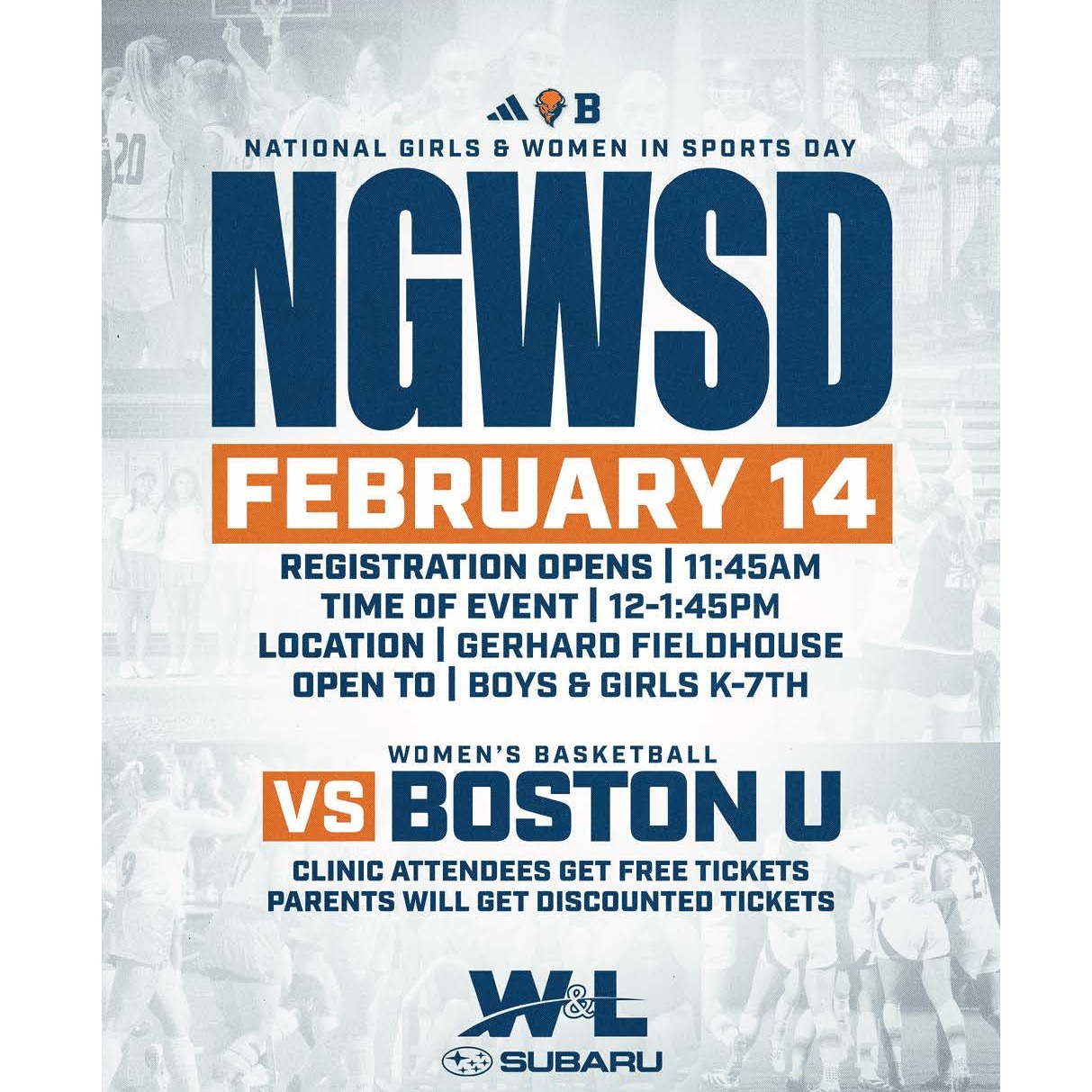 Don't forget to celebrate the women athletes in your orbit during NGWSD!
Come celebrate National Girls and Women in Sports Day with Bucknell Athletics on Saturday, February 8th at their free all sport clinic located in the Gerhard Fieldhouse (710 Moore Ave.). The clinic is open to boys and girls in grades K-7th.
Registration begins at 10:15am and the clinic runs from 10:30am-11:45am (followed by the Women's Basketball game vs. Army).
Register: https://docs.google.com/forms/d/e/1FAIpQLSe6X5A8pjUU5_pUbvPf7dBLo4OJ_-92fTIdYMS04-m9cssd1Q/viewform