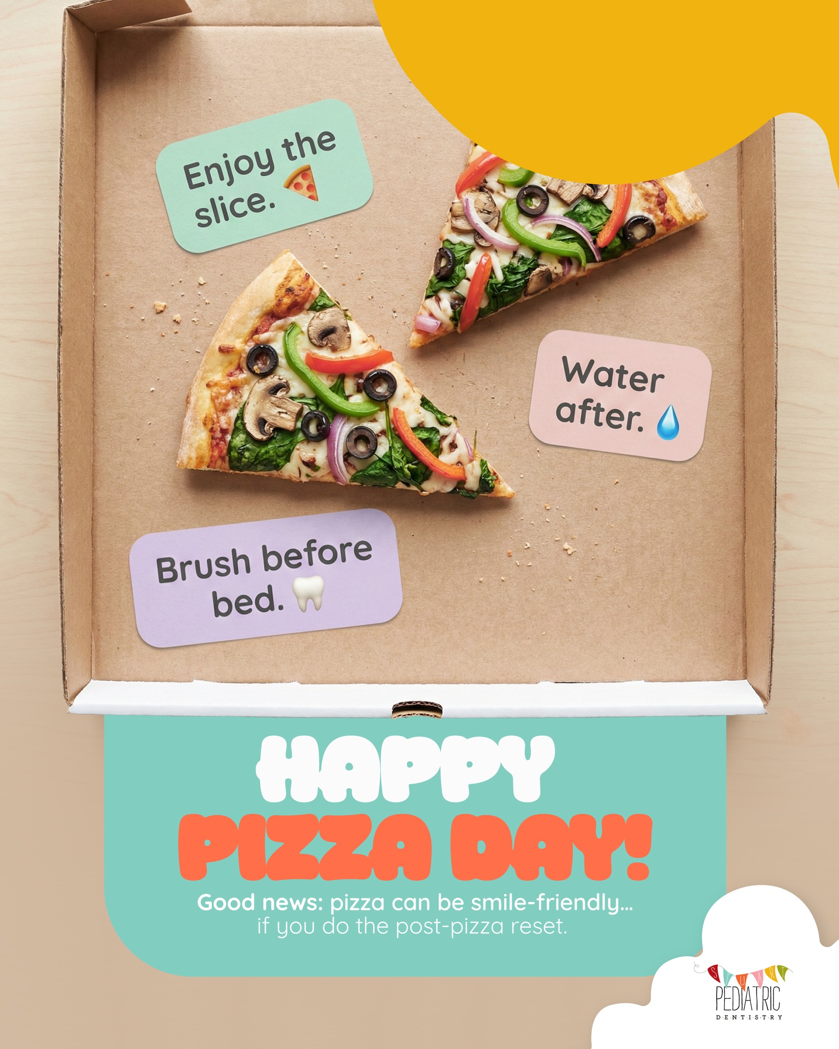 #HappyPizzaDay 🍕✨
Consider this your post-pizza cheat code for a peaceful morning:
✅ Slice as a meal (not an all-night nibble fest)
💧 Water chaser
🧵 Floss the toppings that try to move in rent-free
⏳ Wait ~30 min, then brush before bed
Pizza night = core memories.
The reset = cavity prevention. 😄🦷
Book in minutes: stuartpediatricdentistry.com
#PizzaDay #POV #StuartFL #KidsTeeth #TreasureCoastFamilies #NationalPizzaDay