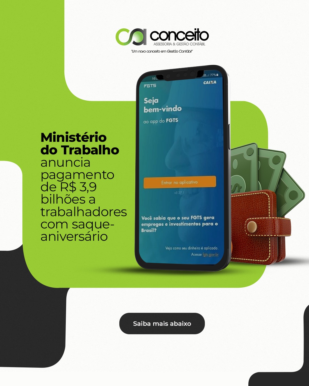 Liberado: ministério do trabalho anuncia pagamento de R$ 3,9 bilhões no saque-aniversário do FGTS 💰📲
Uma injeção de recursos importante acaba de ser confirmada para os trabalhadores brasileiros. O Ministério do Trabalho anunciou o pagamento de R$ 3,9 bilhões destinados aos beneficiários da modalidade Saque-Aniversário do FGTS.
Essa liberação representa um alívio financeiro para milhões de pessoas e movimenta a economia. Se você optou por essa modalidade, é hora de ficar atento ao seu saldo.
📱 Como consultar? O valor exato e a data de disponibilidade devem ser conferidos diretamente no Aplicativo FGTS. Mantenha seus dados cadastrais atualizados para garantir o recebimento sem travamentos.
Vai usar esse recurso para investir ou quitar dívidas? O planejamento é essencial para fazer esse dinheiro render mais.
Fale com a Conceito: 📲 (51) 99954-9953 | 🌐 www.conceito.cnt.br
#FGTS #SaqueAniversario #DireitosTrabalhistas #FinancasPessoais #Economia #PlanejamentoFinanceiro #ConceitoContábil