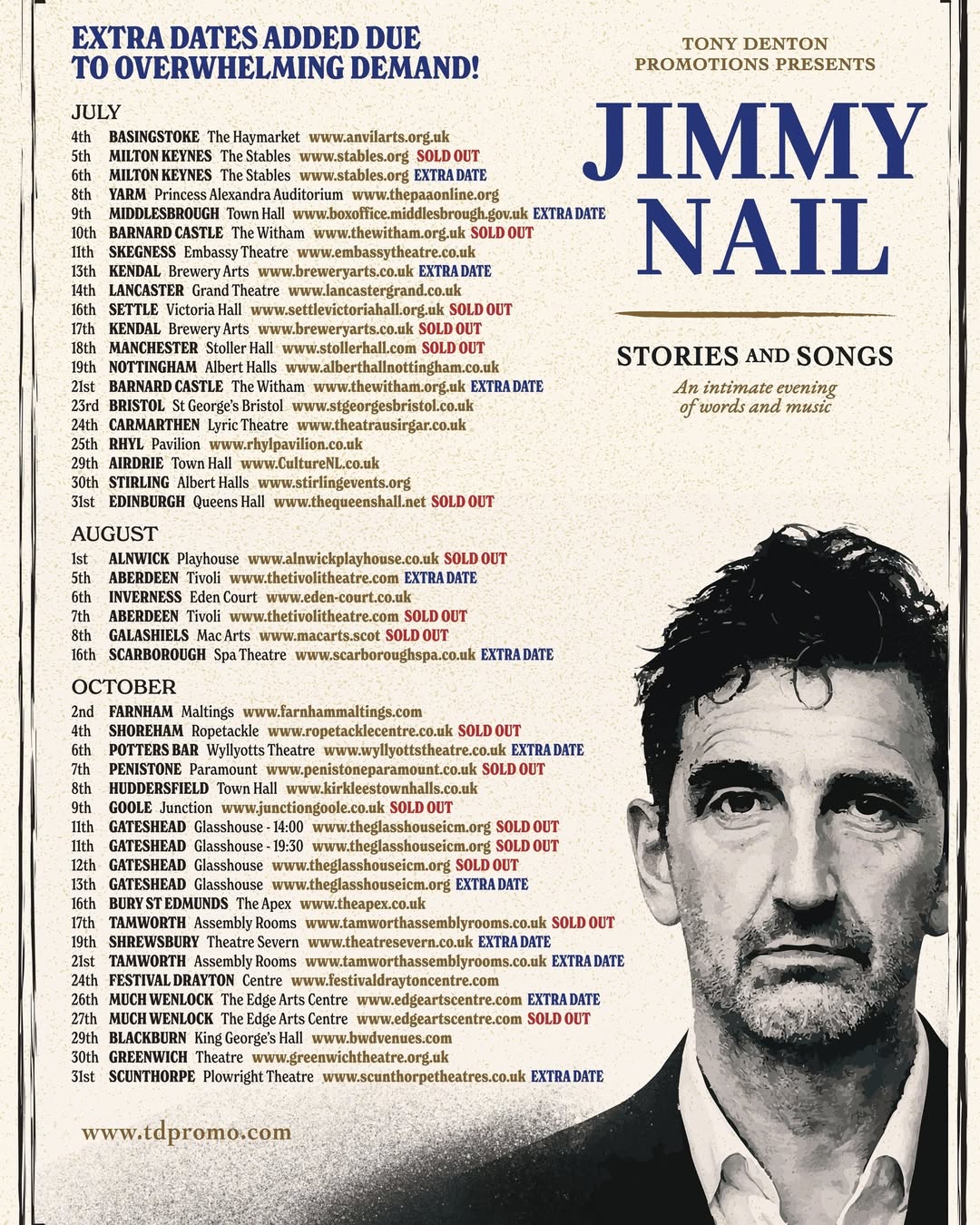 Extra performance added - Tickets on sale now!
Jimmy Nail: Stories and Songs 2026
📅 Monday 6 July | 8pm | at The Stables MK
Acclaimed actor, singer, musician and writer — and proud Geordie icon — Jimmy Nail heads out on the road in 2026 with Stories and Songs, a series of intimate retrospective shows reflecting on an extraordinary career.
Book now 👇
https://stables.org/event/jimmy-nail