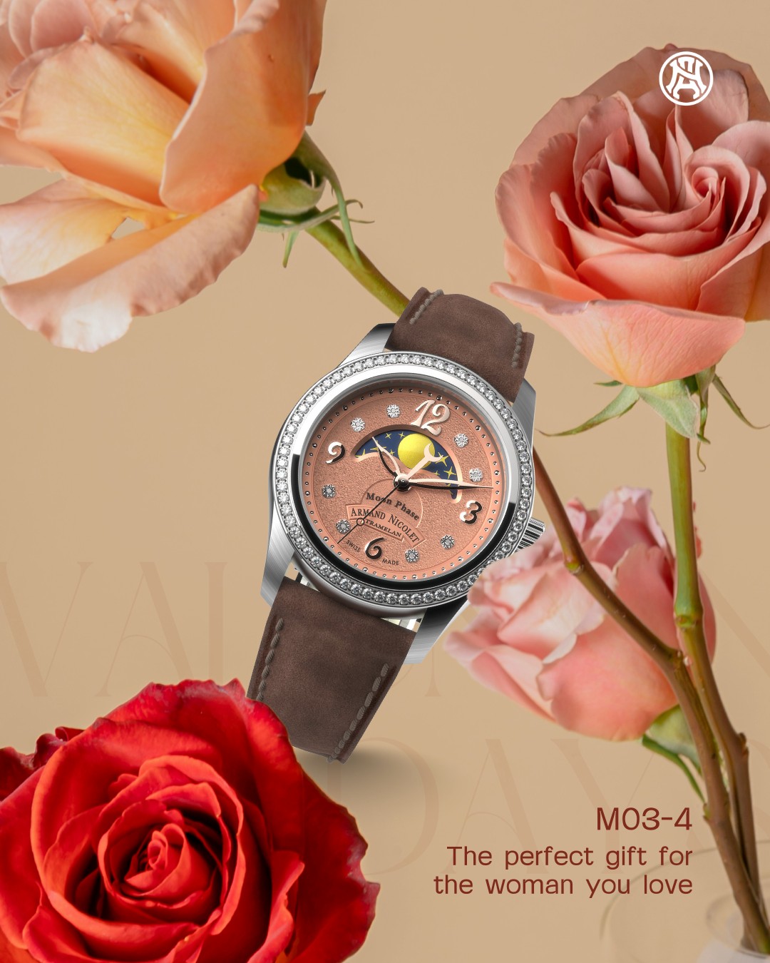 Time is running out—Valentine’s Day is near.
The M03-4 collection combines functionality and beauty in a timepiece designed like a true jewel. The volcanic sand-effect dial reflects the light with elegance, creating a unique glow. Choose between silver, rose gold, aquamarine, or purple and surprise the woman you love.