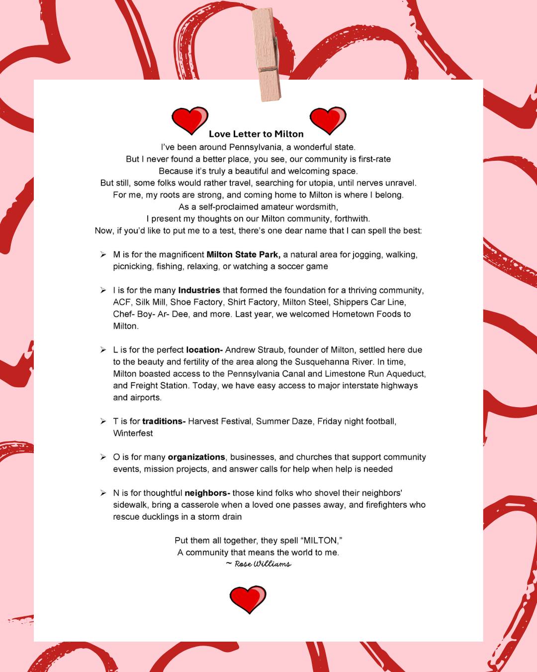 We’re honored to share a Love Letter to Milton from our TIME Board President, whose dedication, heart, and steady leadership continue to shape the future of our town.
Thank you for lending your voice to this project, for championing TIME’s mission, and for the countless ways you uplift the Milton community. Your love for this town inspires all of us.
Stay tuned for more Love Letters to Milton!