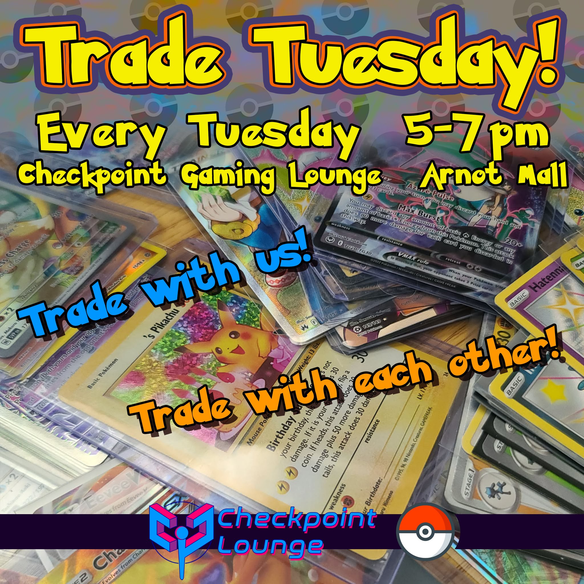 Expecting another fun turnout this week for Trade Tuesday. Stop down to Checkpoint Lounge on Tuesday the 10th from 5-7pm and bring your video games, consoles, Pokémon --things you want to try and trade with us or with someone else!
We'll have a sheet pizza and other fun stuff, so come hang out!