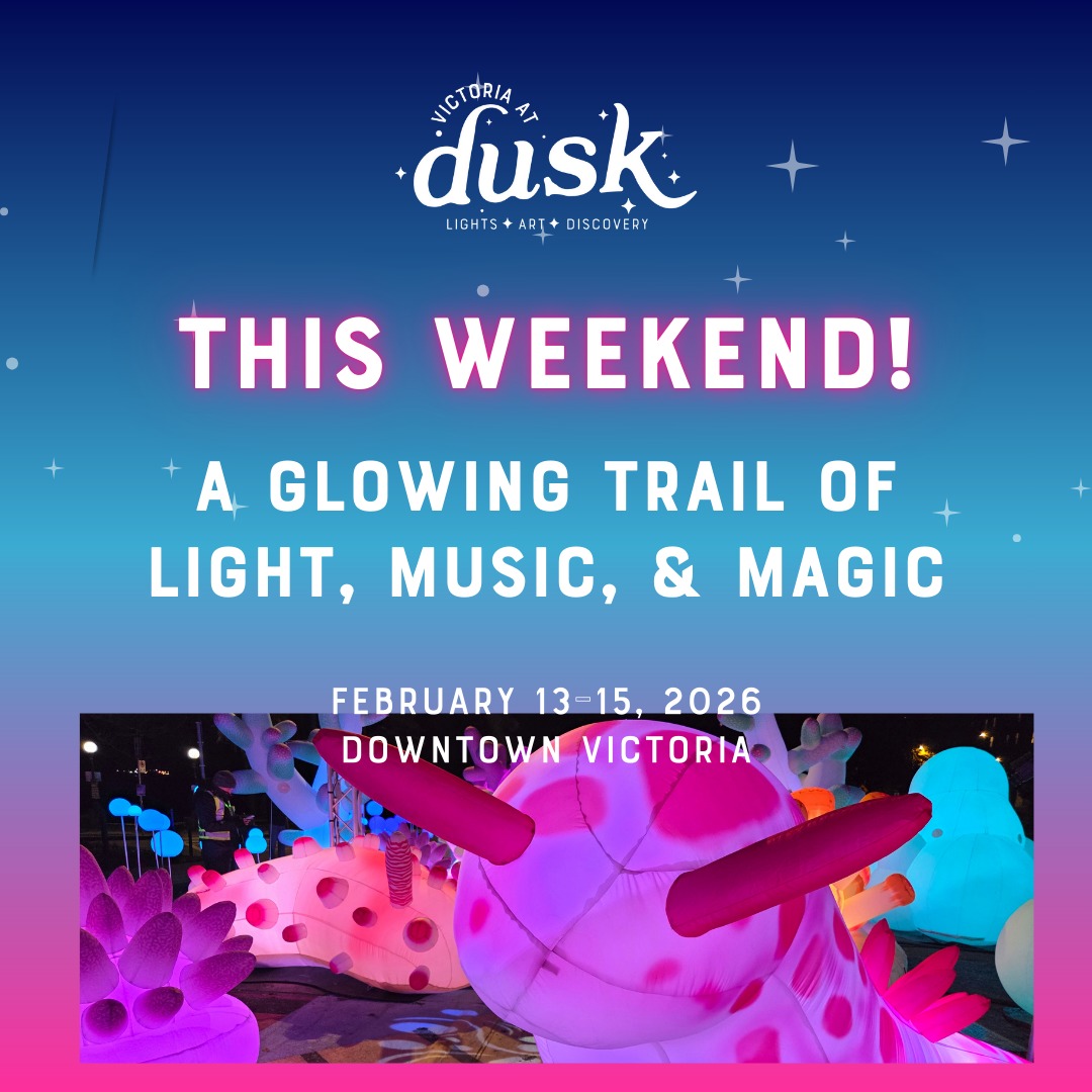 The 24 hour countdown is ON! Are you ready Victoria? Vibrant nights await as Victoria at Dusk lights up downtown next week with an incredible lineup of FREE events to spark your creativity and activate downtown Victoria this weekend.
💡 Victoria at Dusk is on Feb 13-15th, 5 - 9pm nightly
🔥 Free entry
🔗 Find full map and activations via victoriaatdusk.ca
Check out some of the artists and experiences illuminating Victoria!