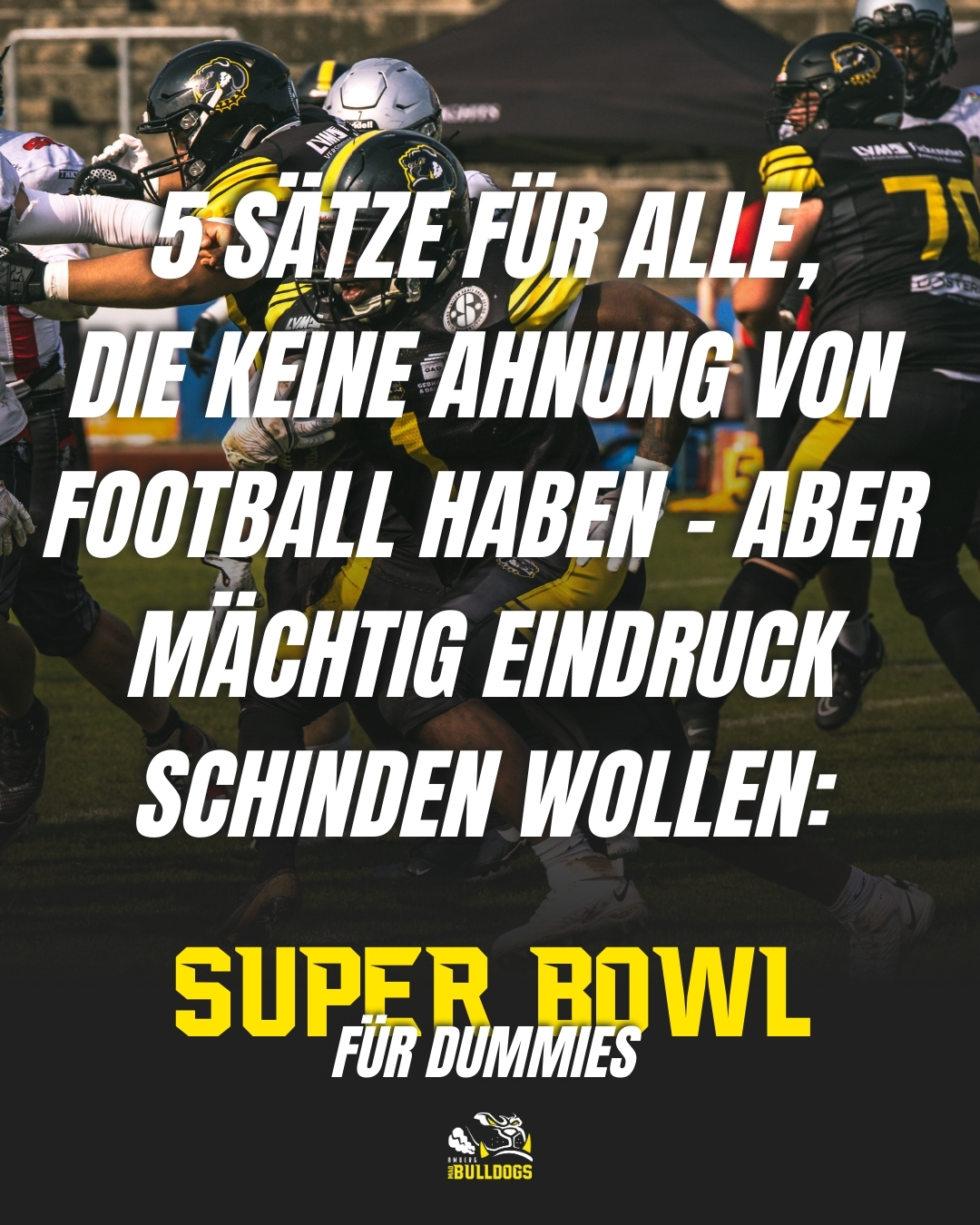Kein Plan von Taktik, aber Hauptsache die Snacks schmecken? 🌭🍺😅
Damit ihr heute Nacht (oder morgen früh im Büro) trotzdem wie Experten wirkt: Hier ist euer Notfall-Spickzettel für den Super Bowl! 👆
Einfach im richtigen Moment bedeutungsschwer nicken und einen dieser Sätze raushauen. 😉
Genießt die Show in Santa Clara – der einzig wahre Football wird eh bald wieder im Satdion am Schanzl gespielt! 🔥
Markiert jemanden, der diese Hilfe dringend braucht! 👇
#MadBulldogs #Amberg #SuperBowl2026 #FakeIt #SnackExperte