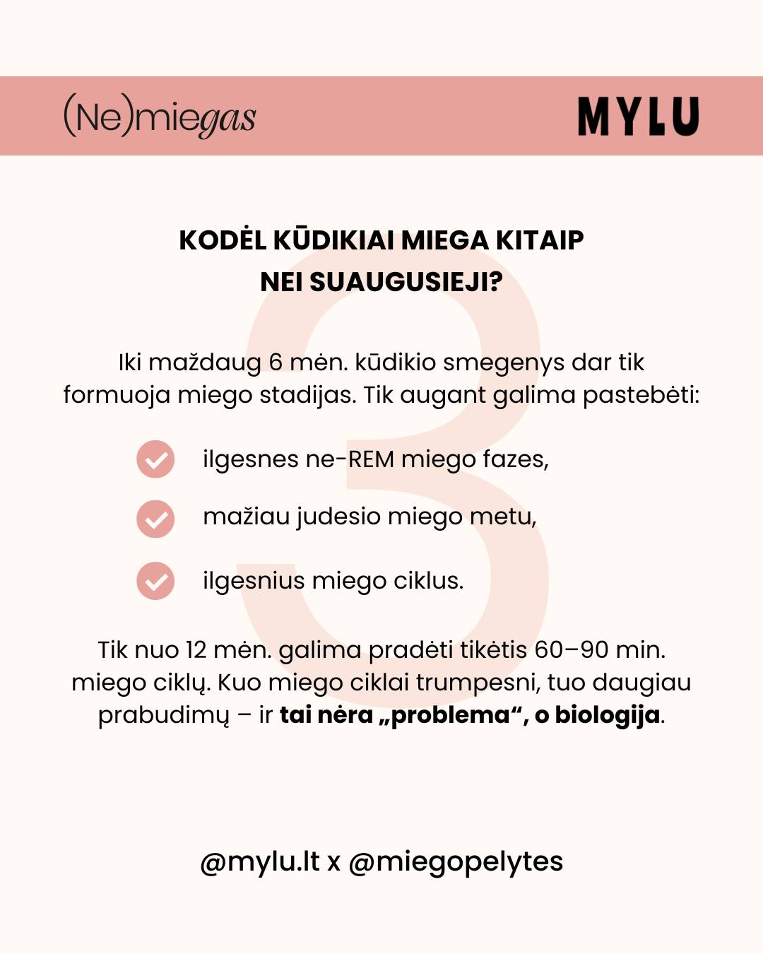 NEUROLOGĖ APIE MIEGĄ. Kai sakome „kūdikis nemiega“, dažnai lyginame jį su… suaugusiuoju. O čia ir prasideda visas chaosas. 🙂
👩⚕️Vaikų neurologės, socialinės pediatrės Karolinos Liaušienės požiūriu, kūdikio miegas nėra „netvarkingas" – jis tiesiog nebrandus. Daug judesio, trumpi ciklai, dažni prabudimai nėra ženklas, kad „kažkas negerai“. Dažniausiai tai tik rodo, kad smegenys dar mokosi miegoti.
🤷♀️Todėl neurologo konsultacijose dažnai paaiškėja ne miego trūkumas, o… per aukšti lūkesčiai.
Kai suskaičiuojamas visas paros miegas (taip, ir tas, kur „ant rankų“, ir tas „žindant“), vaizdas pasidaro dauuug ramesnis.
Trumpai?
👉 Daug prabudimų ≠ blogas miegas
👉 „Nemiega“ dažnai reiškia „miega ne taip, kaip tikėjomės“
Ir tai – ne problema. Tai biologija! 🧠💤
Daugiau apie mažylių miegą iš neurologės pozicijos skaitykite mylu.lt straipsnyje „Kūdikio miegas neurologo akimis: kas normalu, o kada verta sunerimti“.
O jei norisi geresnio supratimo, kas yra būdinga naujagimio miegui pirmais 4 gyvenimo mėnesiais, verta peržiūrėti seminarą „Pirmųjų mėnesių kūdikio miegas (0-4 mėn.)“, kurį taip pat rasite www.mylu.lt (ar per nuorodą bio).
- Dovilė 🤍
⠀
#miegopelytes #miegopelytės #neurologėapiemiegą #neurologe #motinyste #naujagimis #naujagimiomiegas #kudikiomiegas #dienotvarkė #tėvystė #motinystė #vaikas #kūdikis #miegas #kūdikiomiegas #miegopokyčiai