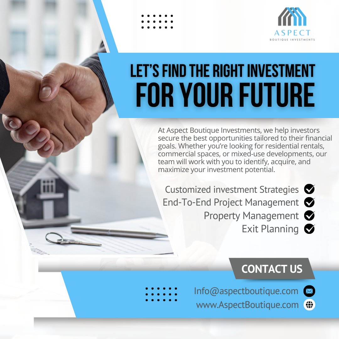 Building wealth through real estate isnât about chasing every deal â itâs about choosing the right ones, at the right time, with the right strategy.
At Aspect Boutique Investments, we help investors cut through the noise by focusing on smart acquisition, risk-aware planning, and long-term value creation. From identifying high-potential properties to managing projects and planning exits, our approach is designed to protect capital and grow it intentionally.
If youâre looking to invest with clarity instead of guesswork â and with a team that understands both the numbers and the strategy behind them â now is the time to start the conversation.
đ Thoughtful planning today creates stronger returns tomorrow.
đŠ Reach out and letâs align your next move with your bigger picture.
#StrategicInvesting #RealEstateWealth #InvestorMindset #LongTermGrowth
