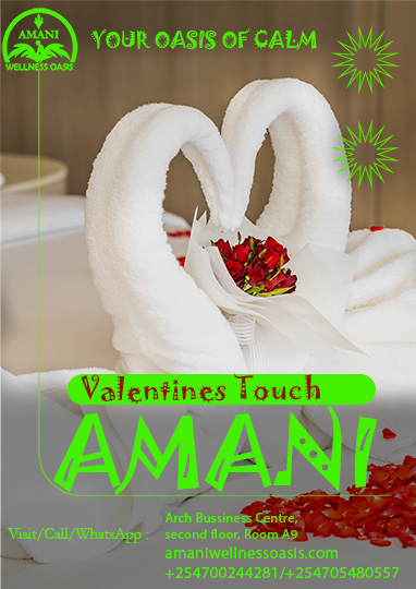 This Valentine’s, take a moment to slow down and enjoy the feeling of care and relaxation. Whether you’re celebrating love with someone special, sharing time with a friend, or choosing self-love, Valentine Touch is made for you.
Love is not just about romance ,it’s about feeling relaxed, appreciated, and cared for. Treat yourself or someone you love to a calm, beautiful wellness experience.
📍 Location: Arch Business Centre, 2nd Floor, Room A9, Along Eastern Bypass
📞 Book now: Call or WhatsApp 0700 244 281 / 0705 480 557
Spots are limited , book your Valentine Touch session today 🤍