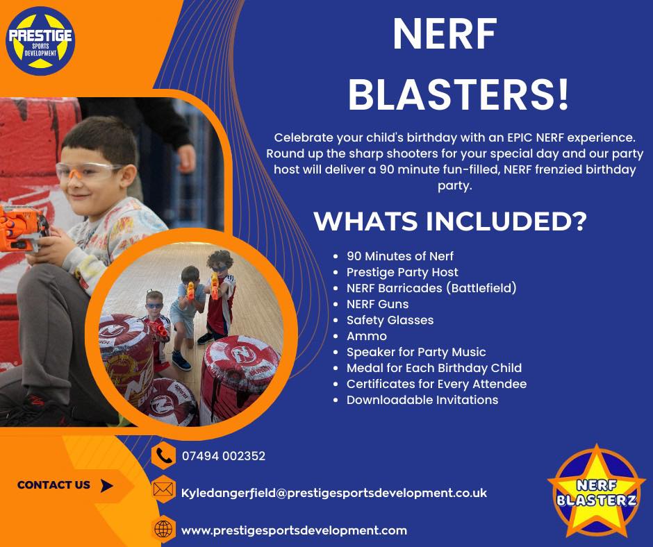 ๐ Looking for the ultimate birthday party experience?
Our Nerf Blasters Party brings 90 minutes of non-stop excitement with nerf guns, barricades, music, medals and more! Your dedicated party host will make sure the day runs smoothly while the kids enjoy an unforgettable day of combat!
Check out all the information below! โฌ๏ธ