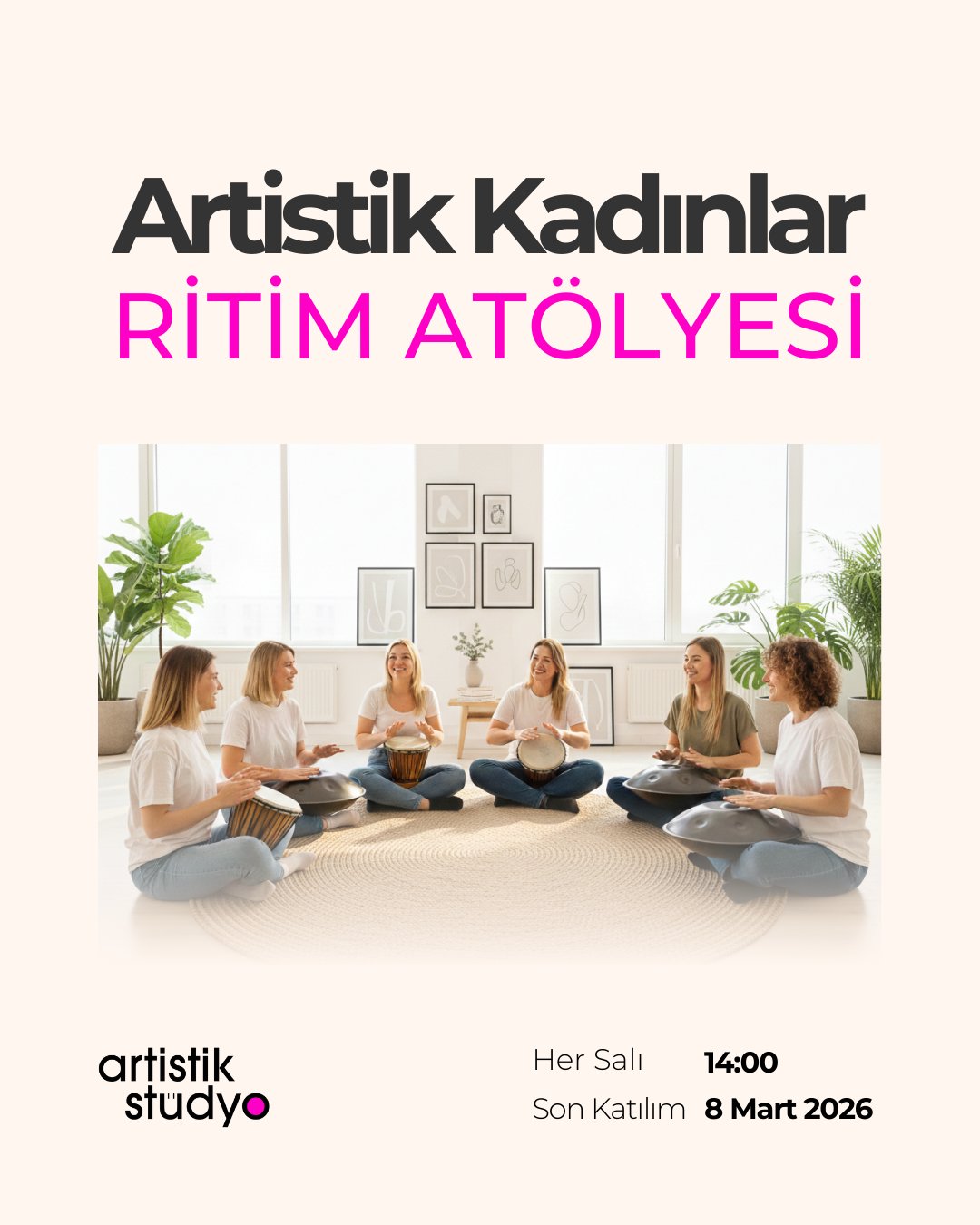 Haftanın stresini ritimle atmaya ne dersin? 🧘♀️
Modern stüdyomuzda, kadın kadına, darbukalar ve handpanler eşliğinde ruhumuzu dinlendiriyoruz. Salı günleri 14:00'te bu huzurlu çemberde buluşalım.
Kendine ritmik bir mola ver! 🥁 Artistik Kadınlar Kulübü Ritim Atölyesi’nde her Salı 14:00'te buluşuyoruz. Darbuka ve handpan eşliğinde stres atmak ve bu özel topluluğa katılmak için 8 Mart’a kadar yerini ayırt! 🌸
#artistikstudyo #kadınlarklübü #kadınlarmatinesi #ritimatölyesi #darbuka #handpan