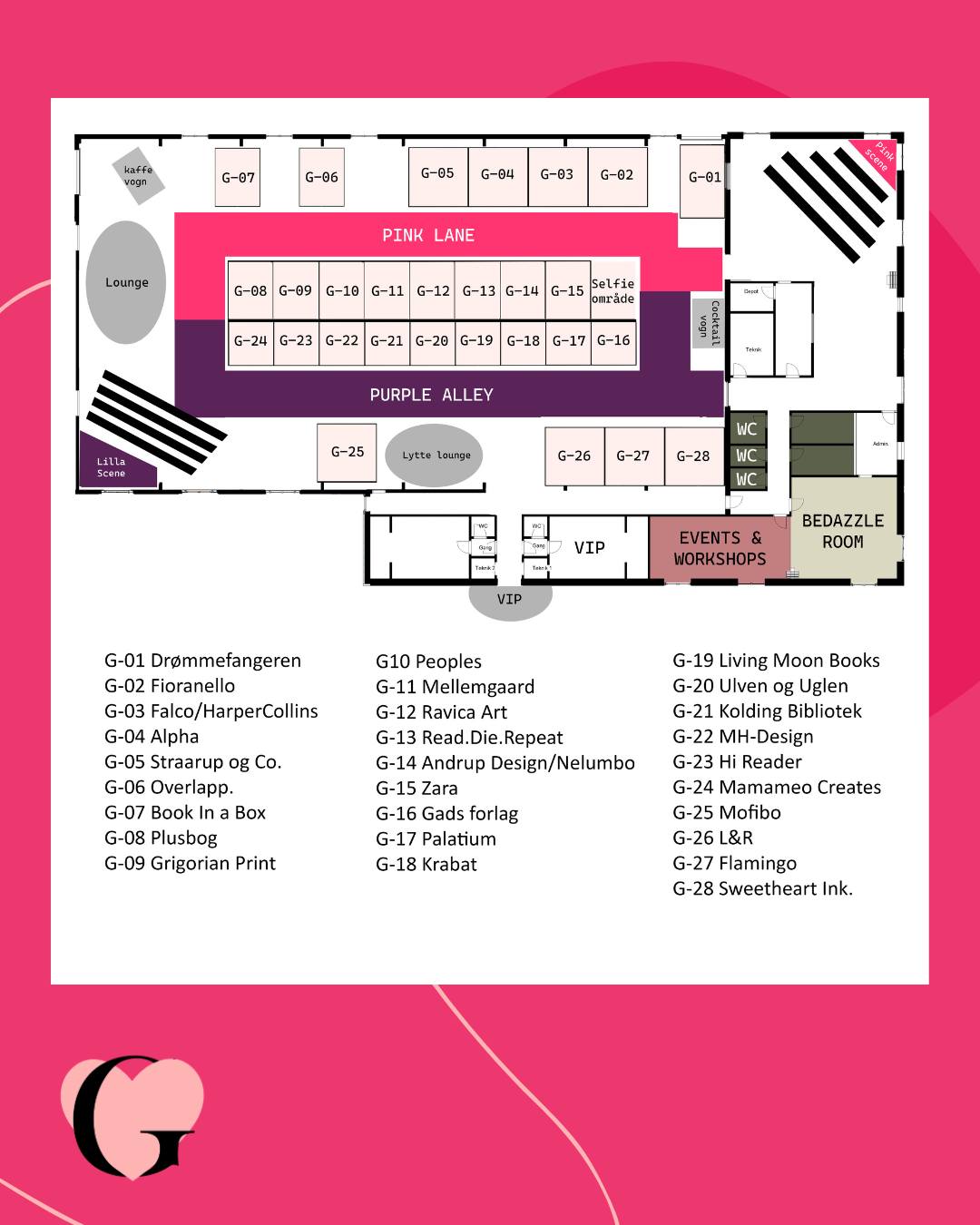 I år ser festivalen lidt anderledes ud end sidste år.
Her kan du danne dig et overblik over de mange udstillere.
Vi har lyttet til den feedback vi fik efter første festival og giver jer alt det I efterspørger. <3
De nye tiltag er fx vores Pink Lane og Purple Alley. de farvede gader, leder hen til scenerne, Lilla scene og Pink scene.
Vi har fået to lounge områder i år og et Bedazzle room!!
Sidst men ikke mindst, så er der en cocktail vogn, der serverer lækre cocktails under hele festivalen.
Glæder du dig lige så meget som os? ❤🥳🤩