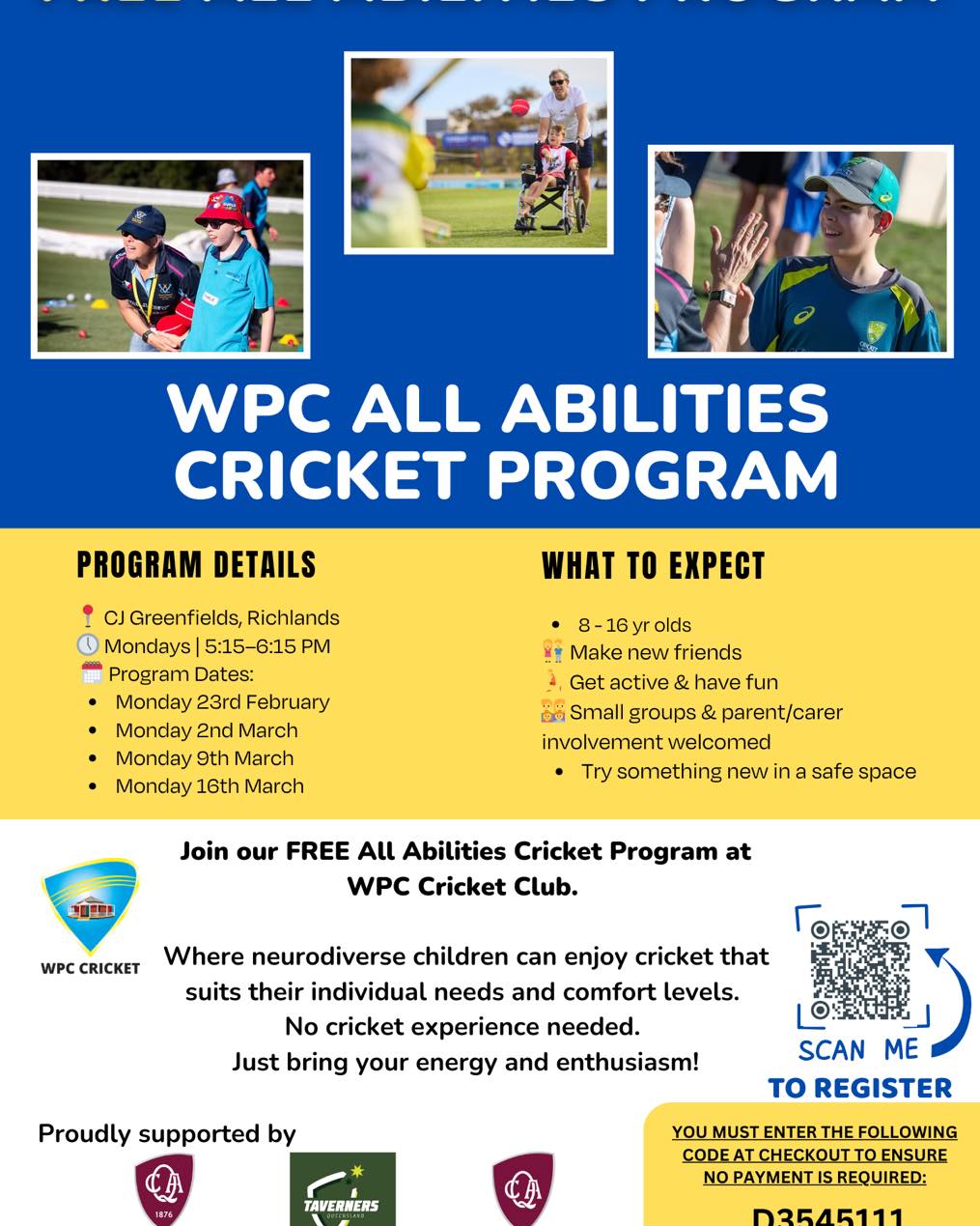 WPC is proud to be a host of a free All Abilities Program. Where kids 8-16 of All Abilities can experience cricket in a safe and inclusive environment. A four week program is commencing Monday 23rd February at CJ Greenfields Sporting Complex, Freeman Rd Richlands.
Register here - https://www.playhq.com/cricket-australia/register/f6cf7e
Voucher code- D3545111
Milton Dick MP margienightingalemp
Cr Sarah Hutton Jess Pugh MP for Mount Ommaney charlesstrunk4forestlakeward
#cricket #4074communityandbeyond #wpccricket #wolstonparkcricketclub #allabilitiescricket #AllAbilitiesCricket #inclusionthroughsport #cricketforall #everyonebelongs