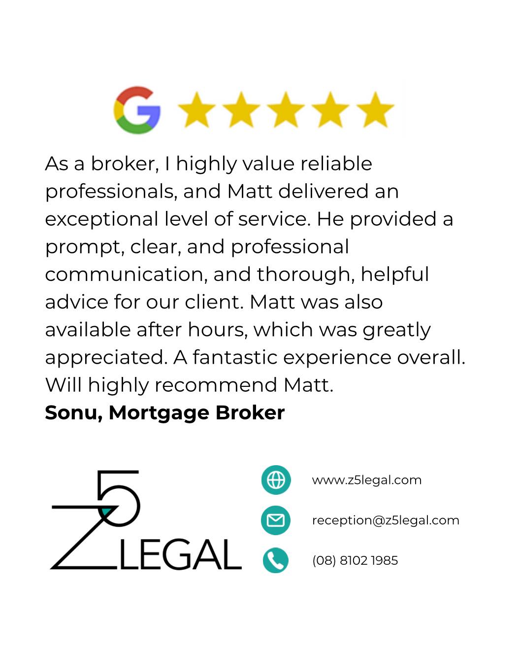 ⭐️⭐️⭐️⭐️⭐️ Thank you, Sonu.
📞 (08) 8102 1985 📧 reception@z5legal.com