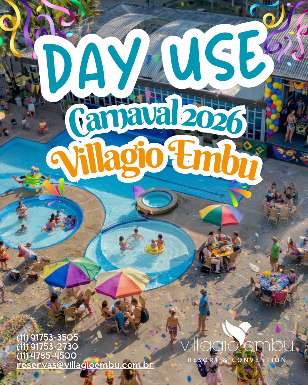 🎉 Carnaval no Villagio Embu – Day Use 🎉
Curta o feriado com diversão, lazer e gastronomia, sem precisar se hospedar!
🏊 Piscinas para todos
⚽ Quadras esportivas e atividades ao ar livre
🎨 Recreação monitorada para crianças e adolescentes
🍴 Gastronomia deliciosa
🎶 Programação especial de Carnaval com música e entretenimento
Tudo isso a apenas 30 minutos da capital, perfeito para um dia cheio de diversão com família e amigos!
💥 Day Use disponível – ainda dá tempo de garantir o seu!
📲 Reserve agora e viva um Carnaval inesquecível no Villagio Embu!