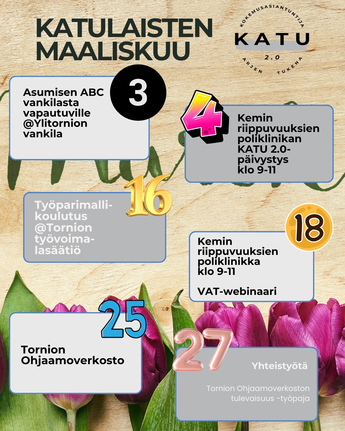 Tässä meidän maaliskuun isoimmat jutut!
❤3.3. Carita käy @rikosseuraamus Ylitornion vankilalla vetämässä Asumisen ABC vankilasta vapautuville.
❤4.3. Carita ja Lotta tavattavissa Kemin riippuvuuksien poliklinikalla klo 9-11.
❤16.3. Carita käy pitämässä työparimallikoulutuksen @tyovoimalasaatiollä.
❤18.3. Carita ja Lotta taas tavattavissa Kemin riippuvuuksien poliklinikalla klo 9-11, ja samana päivänä osallistutaan myös @vatverkoston webinaariin.
❤25.3. Carita ja Lotta osallistuu @ohjaamotorniohankeen yhteistyöverkostoon.
❤27.3. Carita ja Lotta @ohjaamotorniohankeen työpajaan.
Ja taas - muina päivinä me tehdään perustyötä, eli ollaan asiakkaiden kanssa sekä yhteistyötahojen luona!
@nal_rovaniemi
@kemin_kaupunki
@tornionkaupunki
@cityofrovaniemi
#hanketyö #kemitornio #rovaniemi #työparimalli #nuoretaikuiset #päihdetausta #rikostausta #asiakastyö #yhteistyö #yhdessätekeminen