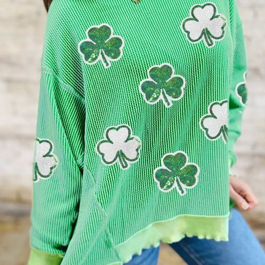 Celebrate St. Patrick's Day in style with this Twisted Rib Sequin Clover Patched Pullover. The loose long sleeve top is easy to slip on and off for any occasion. It features top-Four-leaf clover graphics and it's ribbed texture adds a comfortable and cozy feel to the pullover.
Material: 75%Polyester+20%Viscose+5%Elastane
Preorder $35
small-XL
Please provide an email address, size, pick up , ship $7, orders $50 or more shipping is free.
#conwaysfashionhouse