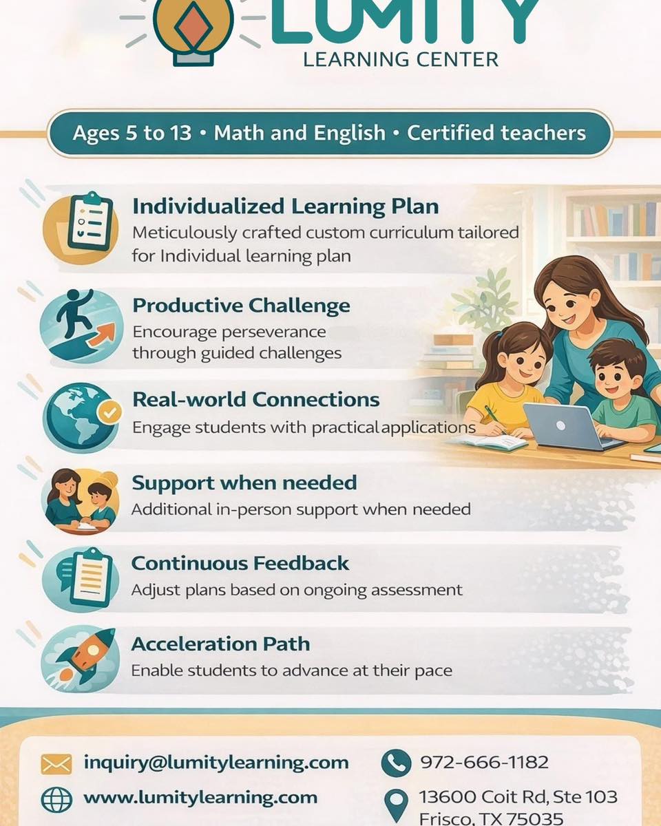 ✨ Now Enrolling at Lumity Learning Center! ✨
Looking for personalized Math and English support for your child (Ages 5–13)?
Our certified teachers create individualized learning plans that build confidence, perseverance, and real-world skills.
Frisco, Prosper, McKinney
🧠 Math & English | Small groups | In-person support
👉 Enroll today:
https://forms.gle/fTXnQJLcn3WGqPzW7
📩 Questions? Message us or email inquiry@lumitylearning.com
#friscotx
#FriscoParents
#friscoschools
#northtexasparents
#DFWParents
#friscolearning
#mathtutoring
#englishtutoring
#afterschoolprogram
#elementaryeducation
#PersonalizedLearning
#CertifiedTeachers
#lumitylearning #lumitylearningcenter #afterschool #learning #frisco #friscotexas #mathtutoring #mathtutor #englightutor #englishtutoring #kids #prospertx #mckinneytx