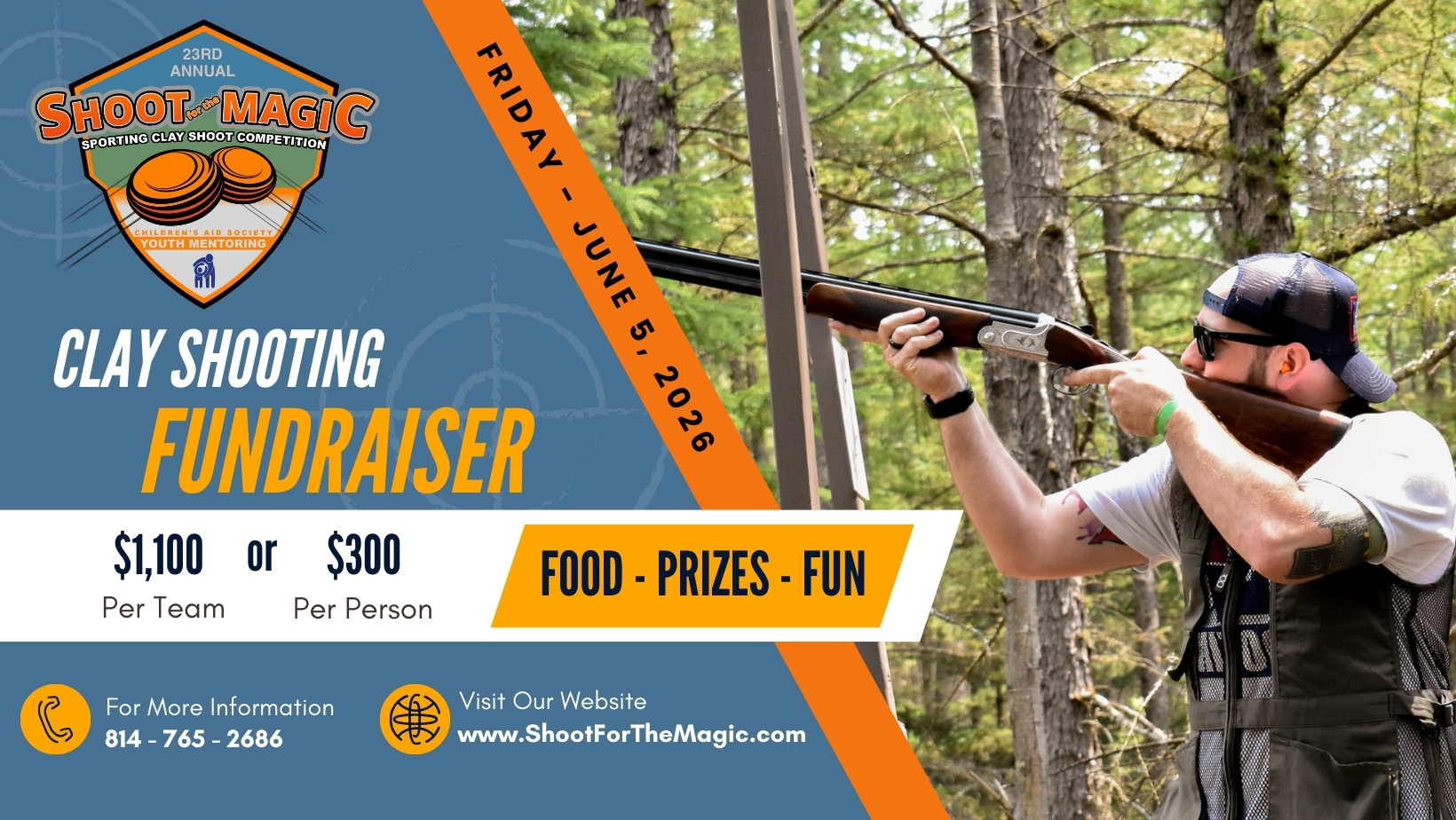 🎯 SAVE THE DATE! 🎯
The 23rd Annual Shoot for the Magic is coming your way!
📅 Friday, June 5, 2026
📍 Sporting Clay Shooting Fundraiser
💛 Benefiting Children’s Aid Society Youth Mentoring Programs
Get ready for a day filled with friendly competition, great food, exciting prizes, and plenty of fun — all while supporting local youth in our community.
Mark your calendars now and stay tuned for registration details!
🔗 www.ShootForTheMagic.com
✨ Help us make magic happen — one shot at a time.