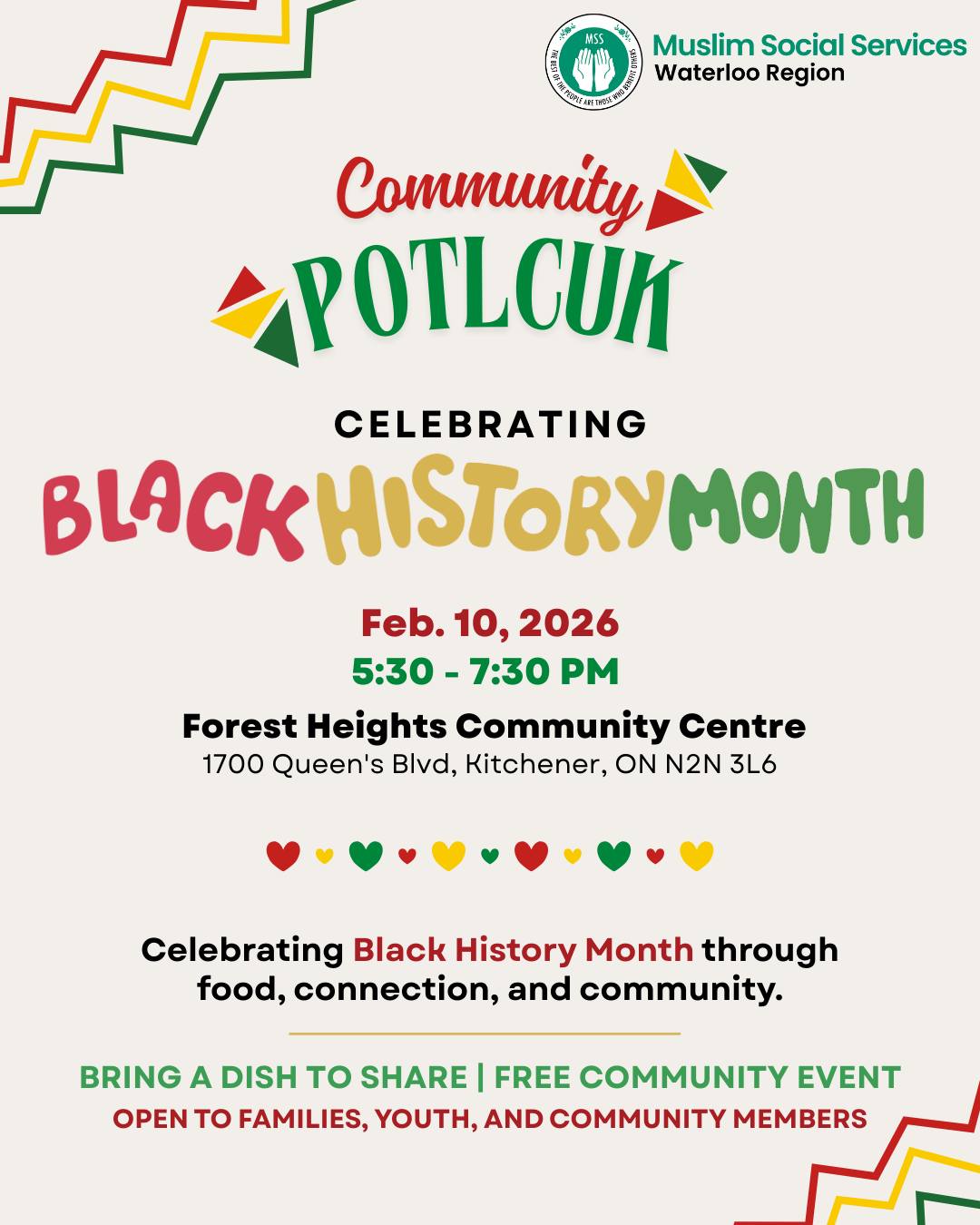 MSSWR is proud to celebrate Black History Month by bringing our entire community together for a special potluck hosted by all MSSWR programs 🤎✨
📅 Tuesday
🕠 5:30 PM
📍 Forest Heights Community Centre
This gathering is a collective effort from all MSSWR programs, coming together to honour Black history, culture, and contributions through food, connection, and community spirit. Everyone is welcome - bring a dish, bring a friend, and come as you are.
At MSSWR, we proudly celebrate diversity, unity, and community - because when we come together, we grow stronger together.
#BlackHistoryMonth #MSSWR #CommunityCelebration #Diversity #Unity #StrongerTogether