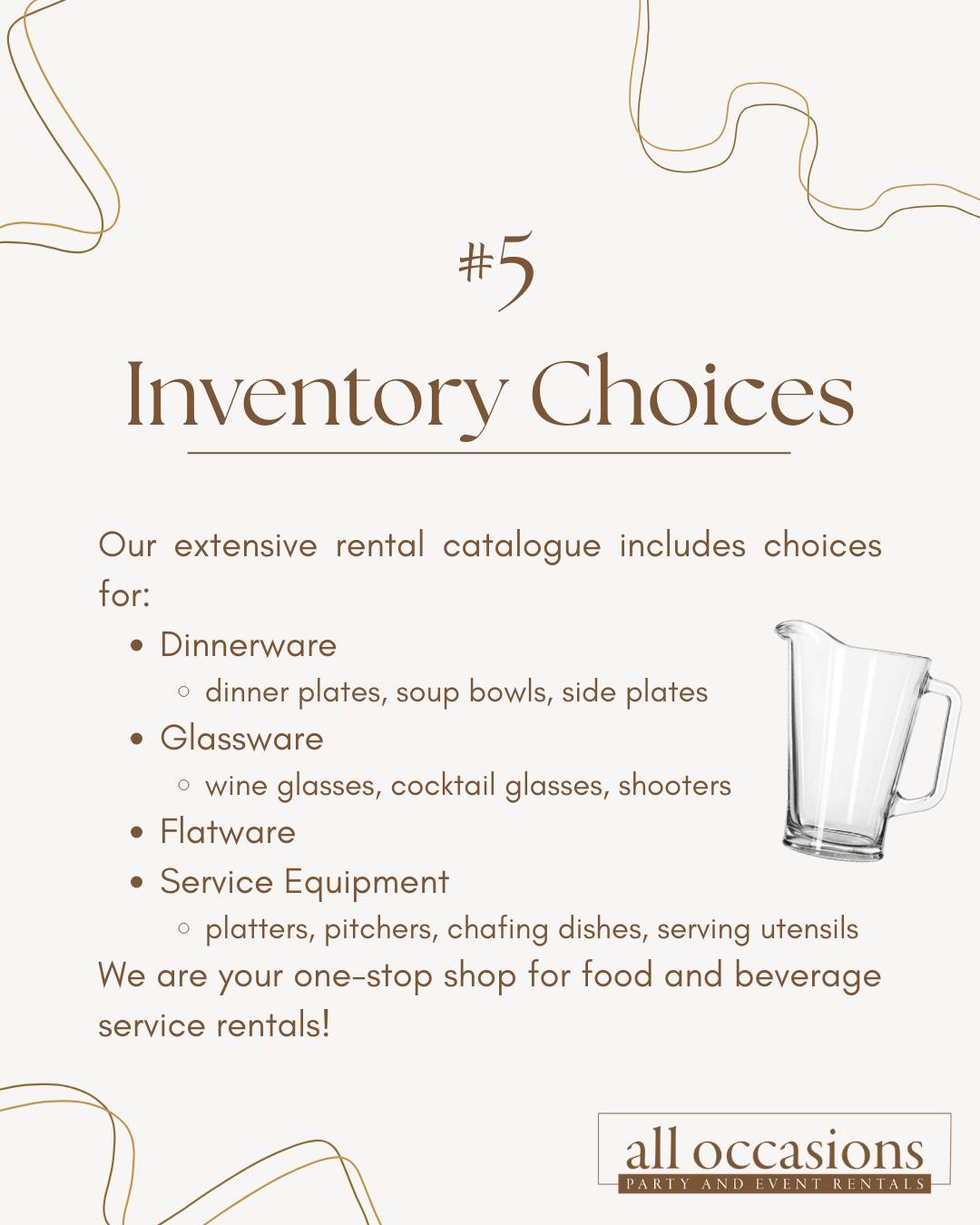 Serving food or beverages at your next event? We are here to help!
Did you know all these amazing benefits of renting from All Occasions for your dishware?
๐ซง No need for you to wash the dishes - our team washes and sanitizes every order!
๐ซง So many choices! Mix and match to suit your vision.
๐ซง Get the exact number of items you need. Whether you need 500 or just 5, we are here to help.
๐ซง Picking up rentals has never been so easy - your items are packaged in stackable crates and bins for ease of transport.
๐ซง One-stop shop: from your dinner plates, to bar glasses, to service equipment - keep things simple by renting all the items you need in one order.
Contact us today to start your quote! Link in bio to start a wishlist, or call the office at (250)763-8687.
#KelownaEventRental #KelownaEvents #OkanaganEvents #KelownaWeddings #OkanaganWeddings