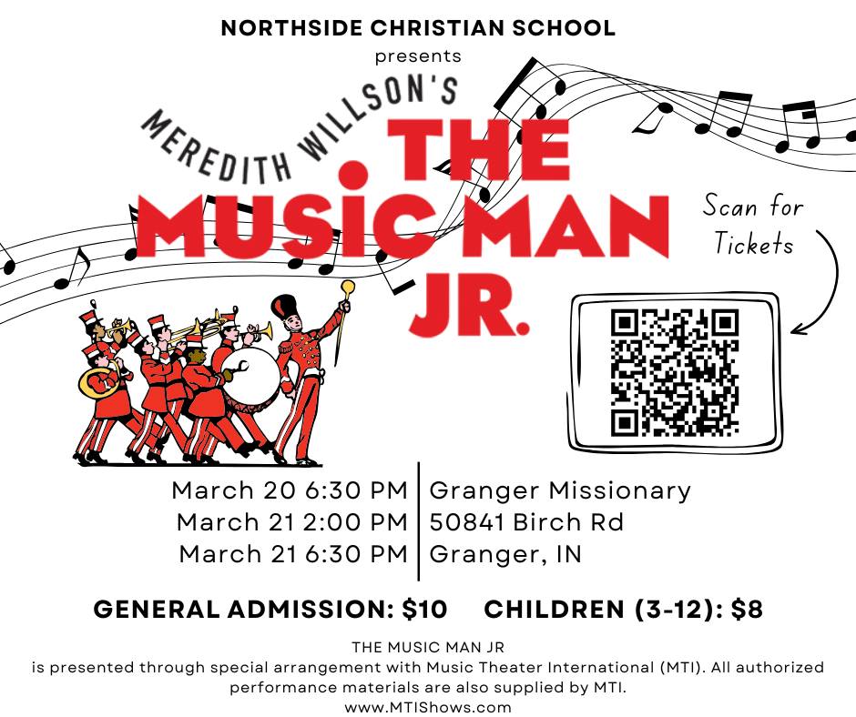 Music Man Jr. Tickets Available Now!
Friday, March 20th 6:30 PM
Saturday, March 21st 2 PM
Saturday, March 21st 6:30 PM
Get swept away by the high-energy charm of a fast-talking con man as he leads seventy-six trombones through a bold, brassy, and heartwarming musical! To purchase tickets for this production featuring students in grades 6-12, see link in bio.