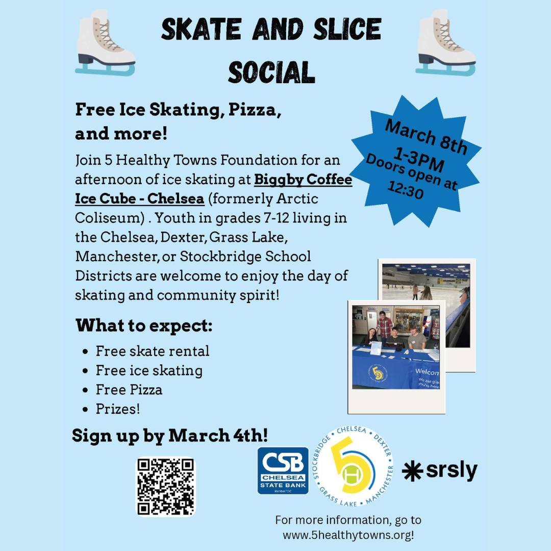 โธ๏ธ๐ Skate & Slice Social ๐โธ๏ธ
Free ice skating, pizza, and prizes!
March 8
1โ3 PM (doors at 12:30)
Biggby Coffee Ice Cube โ Chelsea
Grades 7โ12
Grab your friends and sign up by March 4th! Link in bio!