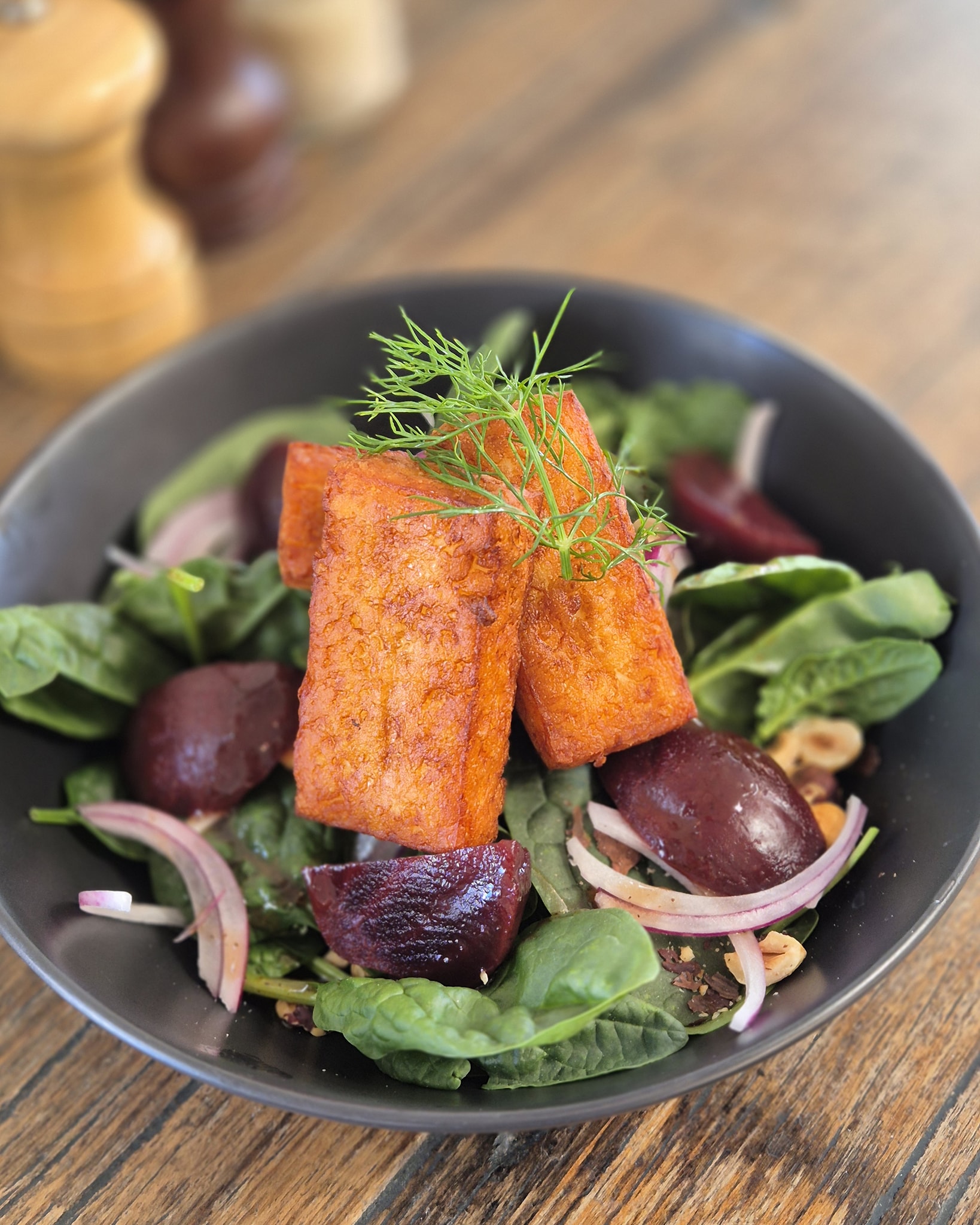 Beet the Summer heat with our salad on the specials board; beetroot, halloumi, spinach, hazelnuts, onion with a balsamic dressing. Alternatively, our basil chicken and sundried tomato turkish roll has been a favourite!