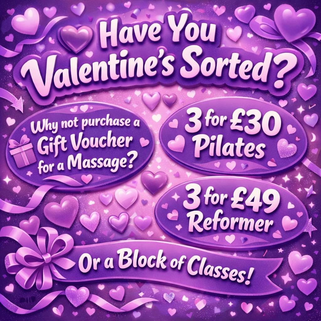 💜 Have you got Valentine’s sorted? 💜
Give the gift of movement, relaxation, and wellbeing this Valentine’s.
✨ Gift vouchers for massage available
✨ Intro offers: 3 Pilates classes for £30
✨ 3 Reformer classes for £49
✨ Or purchase a block of classes
Perfect for partners, friends, or anyone who deserves some self-care.
📞 Call or message 07400 764656
📧 Email hello@allactivepilatesandphysio.co.uk
🔗 Or book via the link in our bio
Give a gift they’ll truly enjoy this Valentine’s 💜