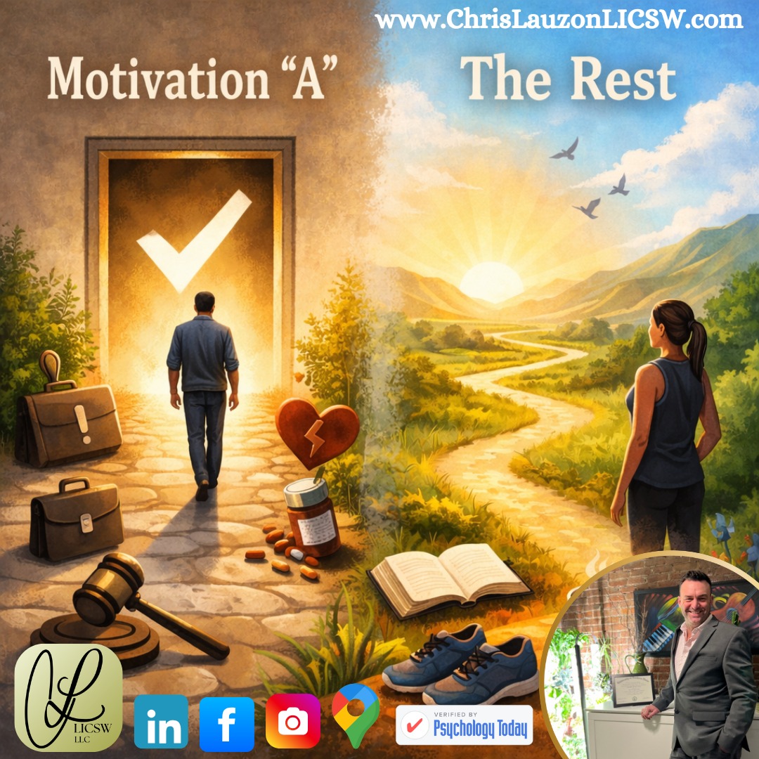 New Blog Post 👇 👉 Motivation “A” might involve adjusting a sleep schedule, working toward weight loss, reevaluating substance use (cannabis, caffeine, alcohol), improving diet, reconsidering social circles, or intentionally engaging in activities that promote connection rather than isolation. The specifics vary, but the origin is similar: an external pressure, expectation, or consequence prompting movement. Something important to acknowledge: Motivation “A” has value. It gets us started. It interrupts inertia. It creates momentum where none existed before. But, it is not the whole story. LINK IN COMMENTS OR BIO. Please share and Follow
Welcoming New Clients
Accepting Insurance
Available Fee For Service
Free Introductionory Session
Chris Lauzon, LICSW
Mental Health Therapist
Boston, MA
#MentalHealth #SelfCare #PersonalGrowth #MentalWellness #Mindfulness #SelfLove #Vision #EmotionalHealth #MassachusettsMentalHealth #OldMentalMuscle #NewMentalMuscle #SelfImprovement #Ultimatum #PositiveVibes #MentalStrength #SelfAwareness #WellBeing #PresentSelf #MentalHealthTools #FutureSelf #HealthyCouples #HealthyCommunication #ChrisLauzonLICSW #TherapyBoston #LICSW #Therapist #Counseling #Clinician #MotivationA @bluecrossma @unitedhealthcare @optum @point32health @harvardpilgrimhealthcare @namimassachusetts @aetna @cignahealthcare @masocialworkers @nasw @psych_today @headway