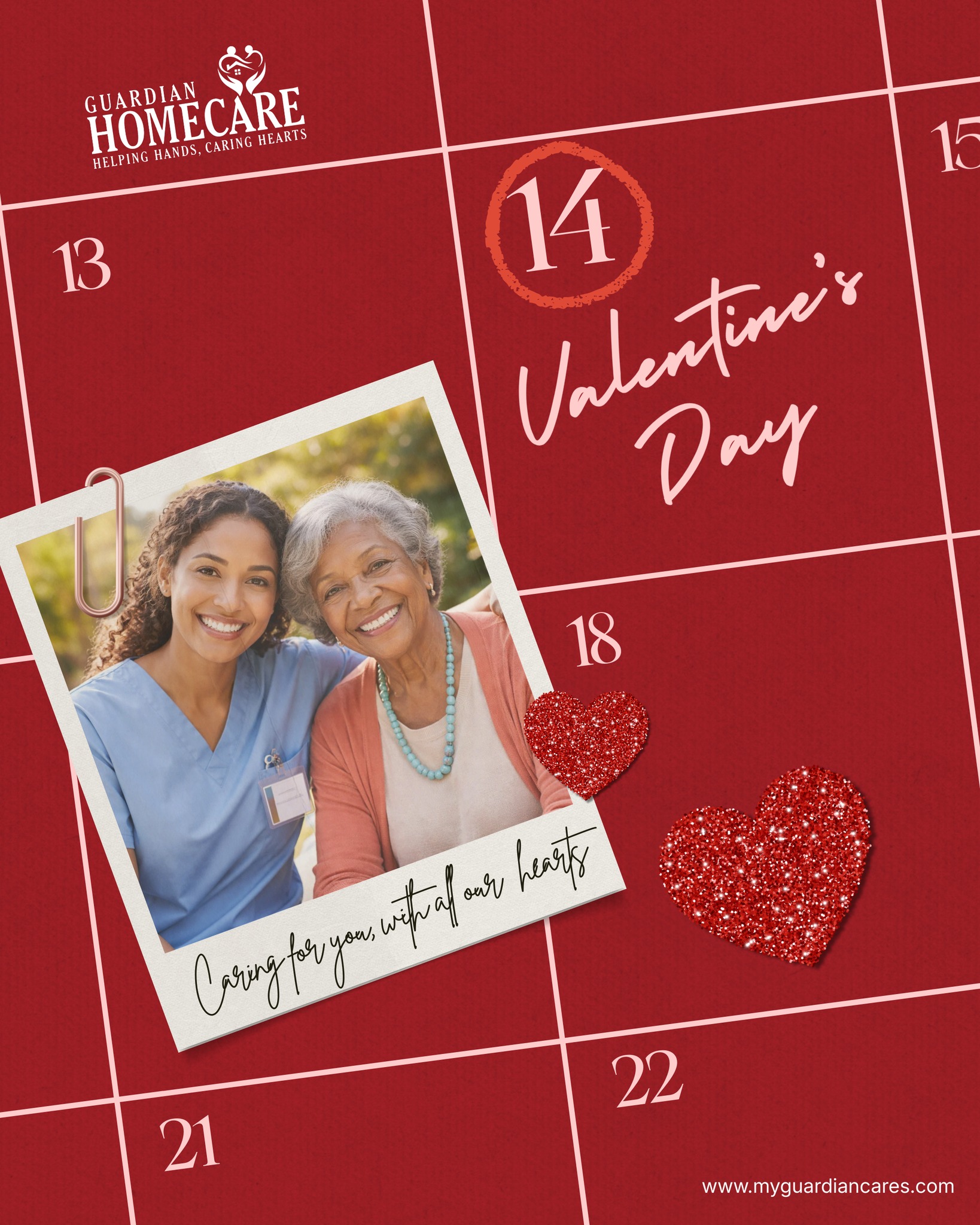 ❤️ Happy Valentine’s Day from Guardian Home Care! ❤️
Today, we celebrate love in all its forms — the love of family, the kindness of caregivers, and the compassion we share every day with the clients we serve.
At Guardian Home Care, caring isn’t just what we do — it’s who we are. 💙
We are honored to support our seniors and their families with helping hands and caring hearts.
Wishing you and your loved ones a day filled with warmth, joy, and meaningful moments.
#HappyValentinesDay
#GuardianHomeCare
#HelpingHandsCaringHearts
#CompassionateCare