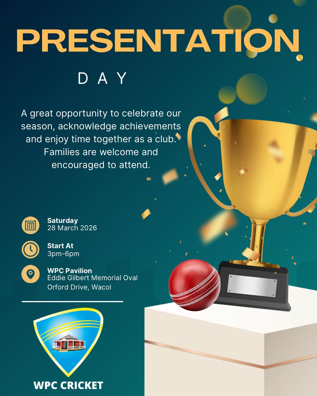 WPC members and their families are invited to join us to celebrate the 25/26 Season.
We look forward to celebrating the season and recognising the efforts of our players, volunteers and supporters. We hope you can join us for a great night to close out the season together.