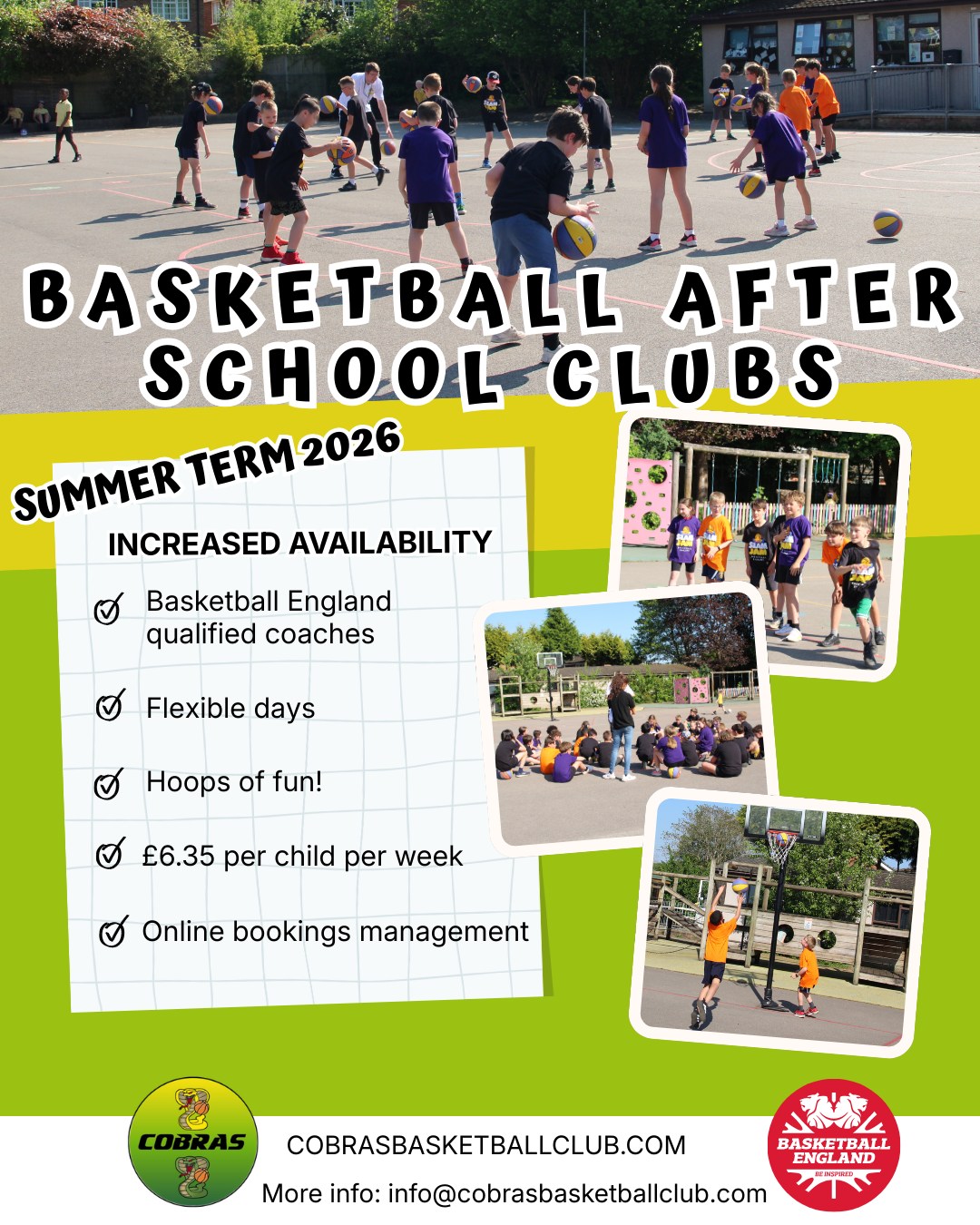 📢INCREASED AFTER SCHOOL CLUB SUMMER AVAILABILITY! 📢
Do you know a school who love to play basketball? With summer approaching our team of after school club coaches are ready for the fun! Get in touch to secure your school: info@cobrasbasketballclub.com
#ascotmums #wokinghammums #bracknelltown #CommunityBasketball #BasketballCommunity #BasketballFun #Slough #SloughEvents #crowthornevillage #camberleymums #maidenheadevents #finchampstead #Bracknell #BasketballCoaching #Binfield #sandhurst #maidenhead #ascot #wokinghamtown #Camberley #sloughmums #staines #eton #afterschoolclub