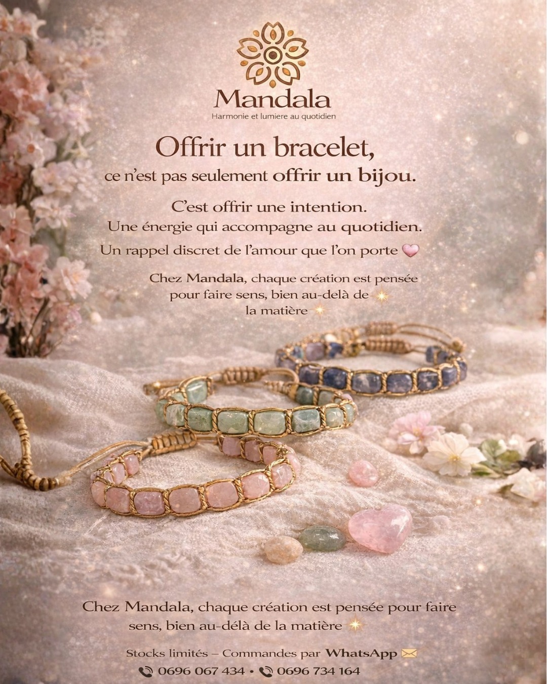 Offrir un bracelet, ce n’est pas seulement offrir un bijou !
C’est offrir une intention.
Une énergie qui accompagne au quotidien.
Un rappel discret de l’amour que l’on porte. 💞
Chez Mandala, chaque création est pensée pour avoir du sens, bien au-delà de la matière. ✨
#Mandala #BijouxArtisanaux #PierresNaturelles #IdéeCadeau