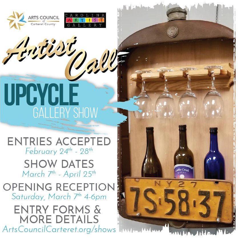 🧑🎨 ARTIST CALL for our upcoming show, UPCYCLE ♻️
Transform old products and nonessential materials into fine works of art.
Carolina Artist Gallery is proud to announce the upcoming “UPCYCLE” exhibition featuring: Found Objects, Repurposed and Recycled Art. This inclusive show invites artists of all backgrounds to transform discarded or unwanted items into unique works of art, highlighting the importance of sustainability and creative reuse. The show will feature a diverse range of upcycled pieces, from sculptures to paintings and photography depicting the transformation of discarded materials. Come celebrate creativity and sustainability with us!
Entries Accepted: Tuesday-Saturday, Feb 24-28
Show Open: March 7-April 25 during Gallery Hours
Opening Reception: Saturday, March 7th, 4-6pm (All are welcome!)
Registration and More Info: ArtsCouncilCarteret.org/shows
#artscouncil #artistcall #artopportunities #carteretcountyarts #crystalcoast #artshow #galleryshow