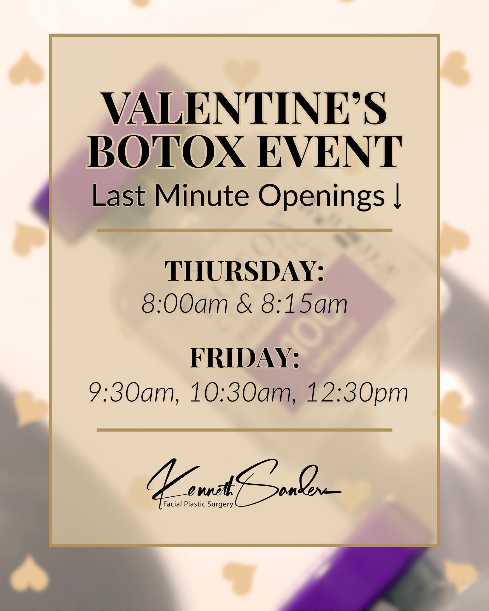 A few last minute openings are available for our upcoming Botox Event 🤍
If you’ve been hoping for a spot, this is a great chance to get on the schedule before the week fills up.
Appointments are limited and availability tends to move quickly.
📞 Call (318) 698-8711 to reserve your time
#BotoxEvent #BotoxNearMe #PreventativeBotox #NaturalResults #DrKennethSanders #FacialAesthetics