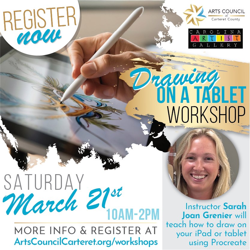 📢 NEW WORKSHOP ALERT! 📢 Join instructor Sarah Joan Grenier for a Saturday workshop teaching how to draw on your iPad or tablet ✍️
In this class, we will learn the basics for drawing on the program called Procreate. We will learn about finger motions, building layers, and work through all the features of the program with a project.
*When: Saturday, March 21 (10am-2pm)
*Cost: $50 per student (bring your own tablet)
*Where: ACCC Arts Center, 1702 Arendell Street
*Sign-up/More Info: ArtsCouncilCarteret.org/workshops
#artscouncil #artworkshop #carteretcountyarts #crystalcoast #diyart #funwithart #learntodraw #drawingontablet #drawonipad