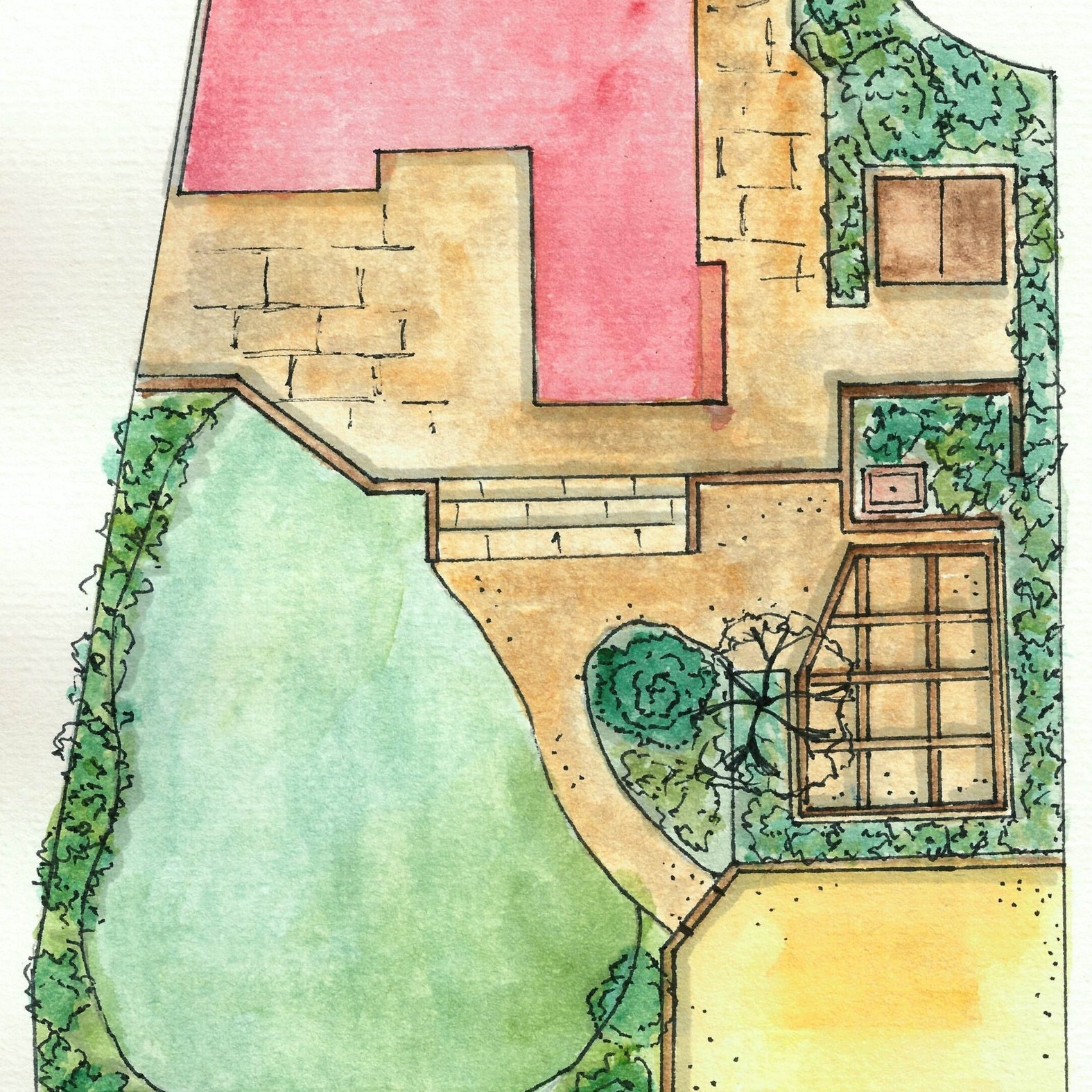 There's something special about bringing a garden to life with brush and paint.
Our garden designs are hand-drawn in watercolour—no computer software, just paint, paper, and a vision for your outdoor space. You might notice the buildings are always pink, a little nod to Victorian Ordnance Survey maps. As a history lover, I can't resist weaving these traditions into the work.
Each design is unique to you and your garden. If you're thinking about transforming your outdoor space, let's talk about what's possible.