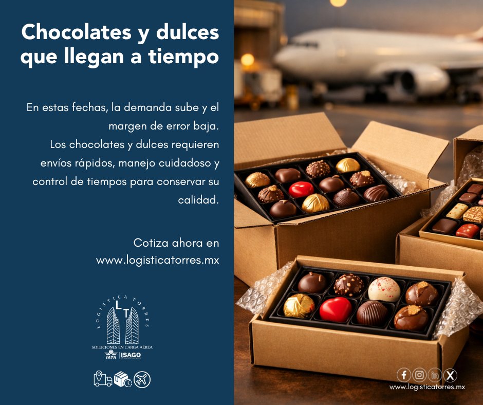 🍫✈️ Chocolates y dulces que llegan a tiempo
En estas fechas, la demanda sube y el margen de error baja.
Los chocolates y dulces requieren envíos rápidos, manejo cuidadoso y control de tiempos para conservar su calidad.
En Logística Torres gestionamos el envío aéreo de confitería con procesos adecuados, coordinación puntual y atención especializada.
📲 Contáctanos y asegura tus envíos antes del pico de temporada.
🍫 Porque el detalle también se cuida.
.
.
.
.
#Chocolates #Dulces #Confitería #CargaAérea #LogísticaAérea #EnvíosATiempo #LogísticaProfesional #tucargasegura #tucargasegurayatiempo #logistica #volariscargo #logisticaytransporte #SomosLogisticaTorres #enviosnacionales