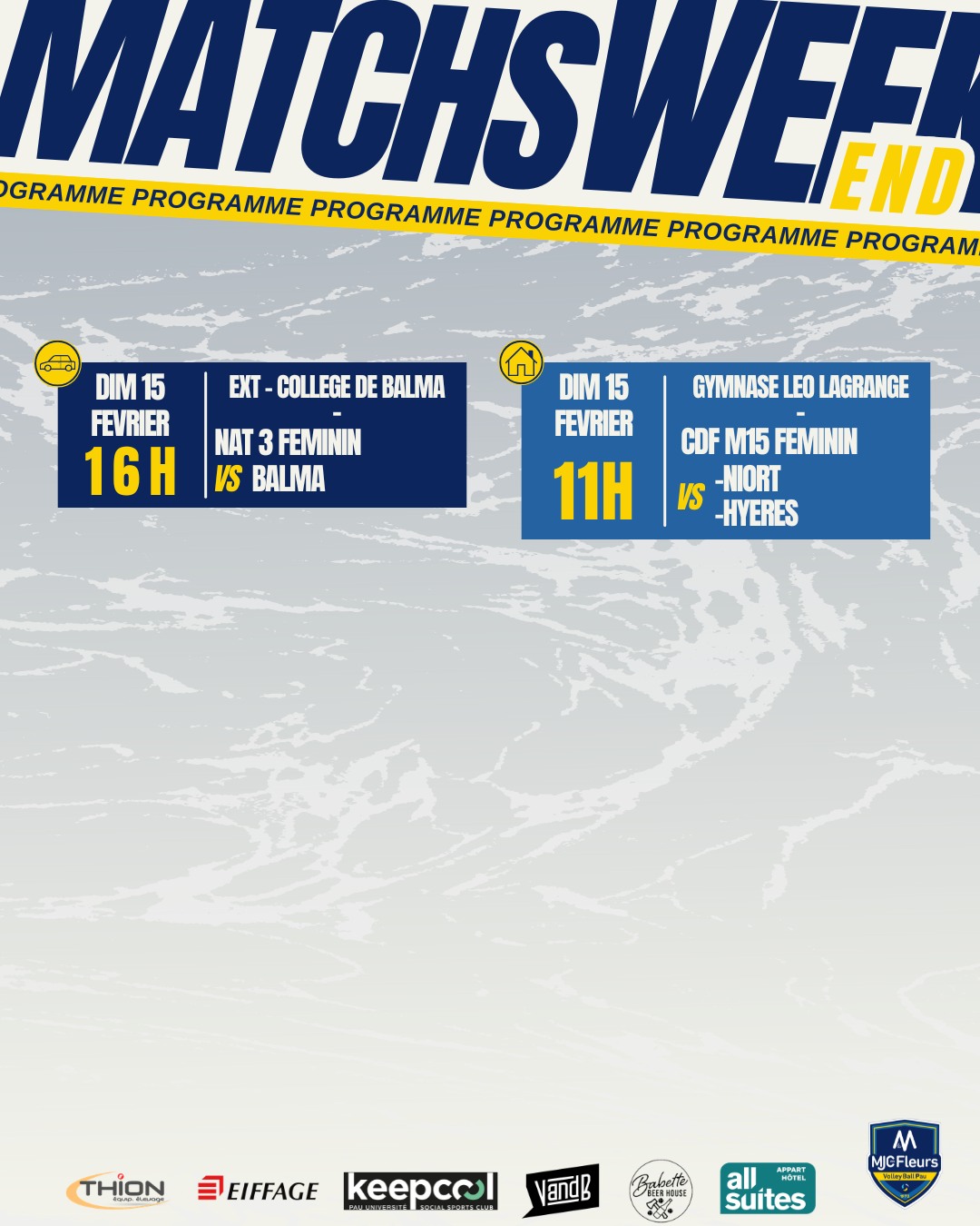 🌸 Programme du week-end 🌸
Dimanche 15 Février
🏠 11h , Gymnase Léo Lagrange, Coupe de France M15 Féminin contre Hyeres et Niort
🚗 16h, Nationale 3 à Balma (Collège de Balma)
🙌 Partenaires ;
@Thion Equip'Elevage / @keepcoolpau / @vandbpau /
@all_suites / @babettebeerhouse
