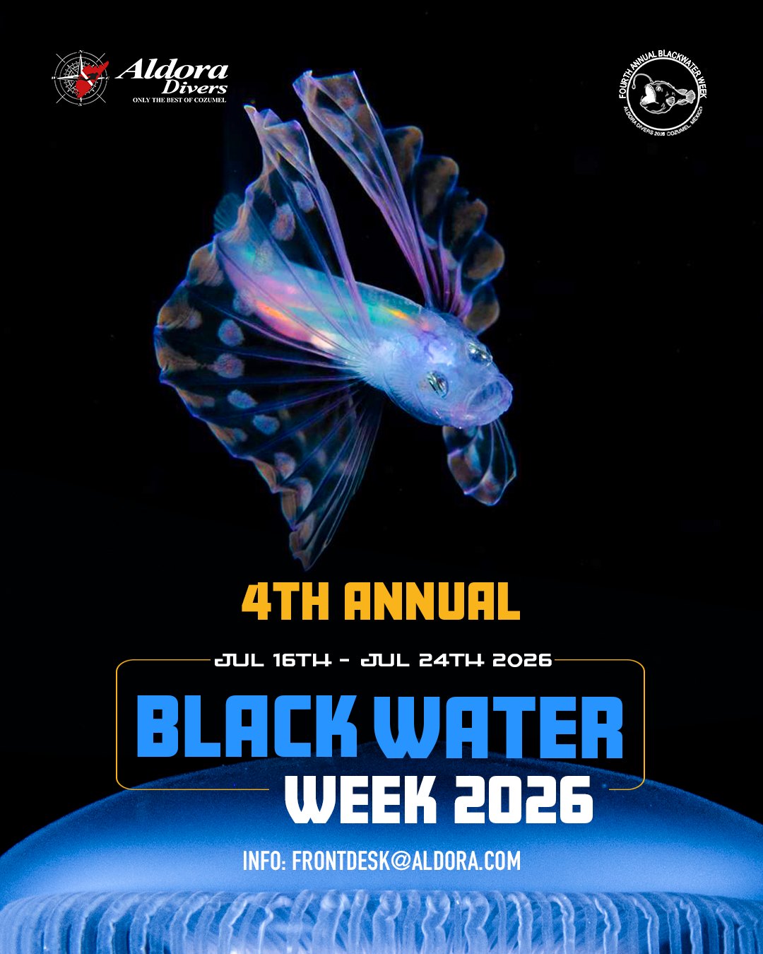 Aldora Divers 4th Annual Blackwater Week 2026 🔦
Join us for an unforgettable deep-ocean experience during one of the most unique dive weeks of the year.
📅 July 16 – July 24, 2026
📍 Cozumel, Mexico
Dive & Stay Package Includes:
* 8 nights in a standard room
* Daily seminars with Mike Bartick
* 6 two-tank Blackwater dives
* Buffet breakfast
* Nitrox & taxes included
$3,000 USD – Dive & Stay
$1,944 USD – Dives Only
⚠️ Limited spots available
📩 Book & info: frontdesk@aldora.com
#Cozumel #aldoradivers #blackwaterphotography #scubadiving
