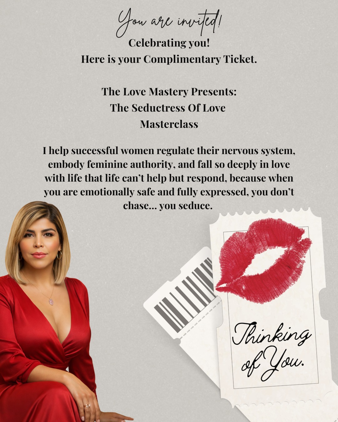 💋 The Love Mastery™: The Seductress Of Love
FREE LIVE MASTERCLASS
February 12, 2026 · Just in time for Valentine’s Day
1PM EST TIME
You’re successful.
You’re respected.
You know how to lead.
So why does love sometimes feel inconsistent…
Why does your nervous system still brace…
Why does life feel like something you have to manage instead of something that meets you?
Here’s the truth:
You don’t have a love problem.
You don’t have a strategy problem.
You have an emotional safety problem.
When a woman is not regulated, she chases.
When she doesn’t feel safe, she over-explains.
When she doubts her authority, she over-functions.
But when she is emotionally safe and fully expressed?
She doesn’t chase.
She seduces.
This is the work I do.
I help successful women:
• Regulate their nervous system
• Embody feminine authority
• Lead without over-functioning
• Stop bracing for disappointment
• Fall so deeply in love with life that life responds
Because when your body feels safe,
love becomes devotion.
Business becomes magnetism.
Money becomes stable.
And you stop forcing everything.
✨ Why emotional safety is your real wealth code
✨ How detachment creates devotion
✨ The Seductress Archetype you’re unconsciously leading from
✨ How to scale your 360 life — love, leadership, and entrepreneurship
This is embodied recalibration.
Comment LOVE for Link or DM Love
#HealingIsHoly #AwakenYourPower #DivineTiming #SelfHealingTools #UnapologeticSelfLove #HolisticHappiness #EmpathSupport #WORKSHOP #INNERCHILD #EVENTS #MillionaireMindset #soulawakening #VirtualHealing #SpiritualEmpowerment #DivineEmbodiment #BeTooMuch #transformationtuesday