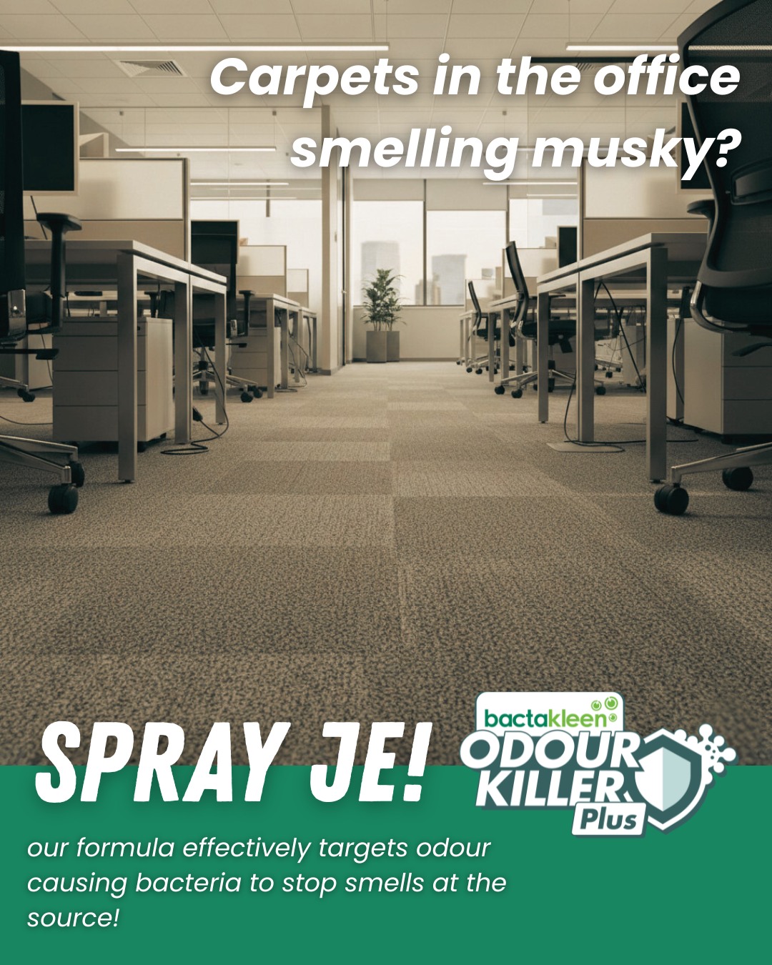 Carpets at the office smelling musky?
Keep it fresh from the source with Odour Killer Plus! Our formula ensures effective odour elimination from the source.
Get it today at: https://tr.ee/iahYOV
#odourkillerplus #bactakleen #officecarpets #officedrama #keepitfresh