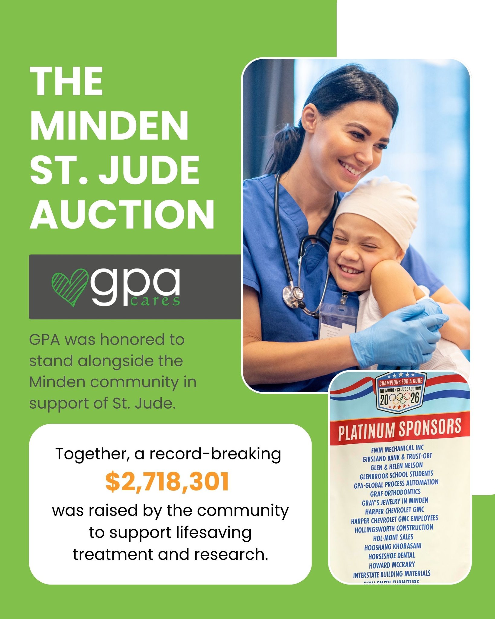 GPA was proud to support the 2026 Minden St. Jude Auction through our GPA Cares initiative.
As a Platinum Sponsor, we stood alongside an incredible community effort that raised a record-breaking $2,718,301 to support lifesaving treatment and research at St. Jude.
We are grateful to be part of a region that shows up so generously for children and families who need it most. Supporting initiatives like this reflects what GPA Cares is all about: investing in the communities where we live and work.
#GPACares #CommunityImpact #StJude