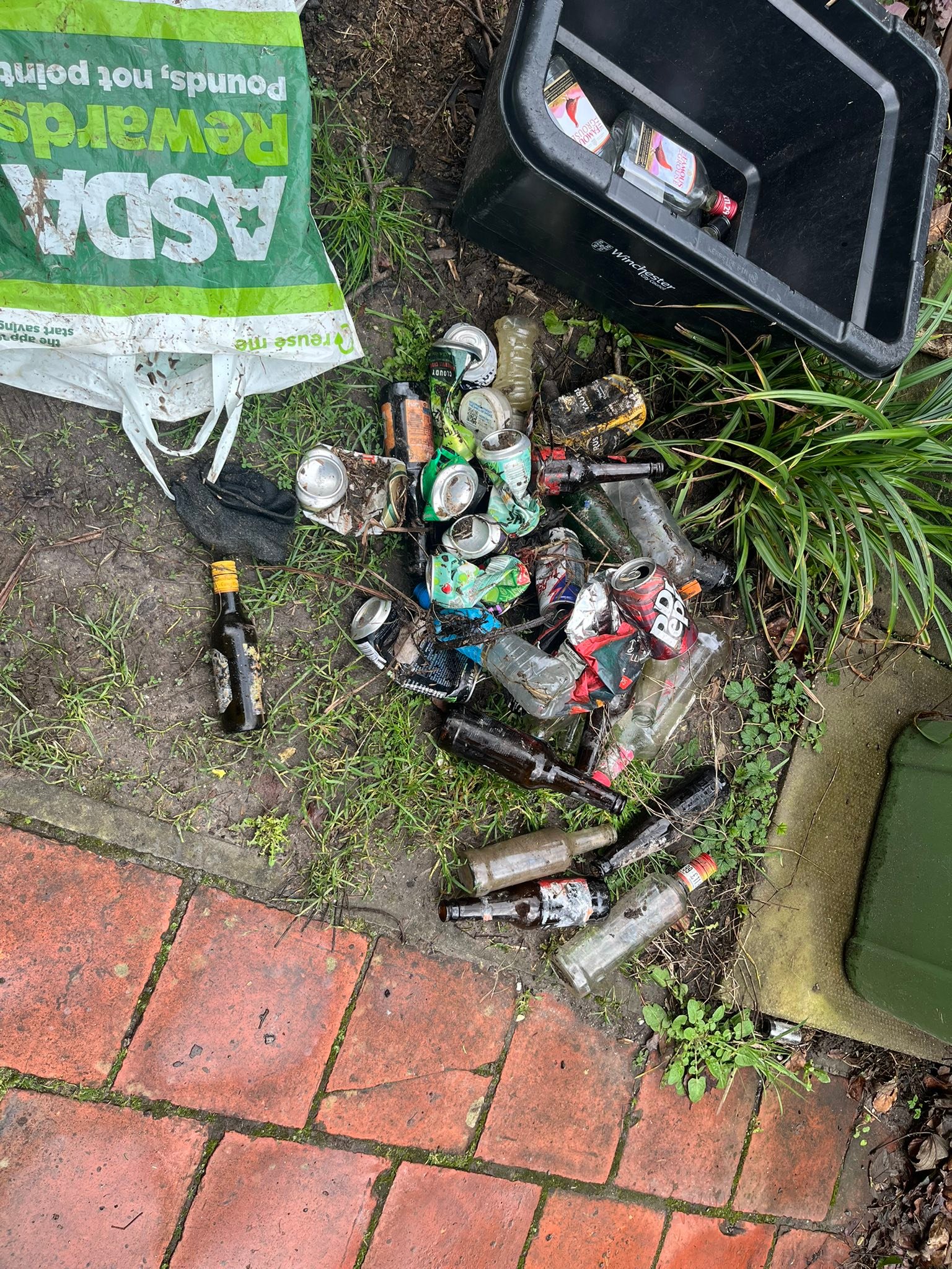 Today’s haul from the water meadows. Over the summer these, mostly alcoholic, beverages get tossed into the undergrowth. When the vegetation dies down and flattens they pop up for collection. The downside is that wildlife often get trapped in them and can’t escape. I found a dead Pygmy Shrew, that may have got a bit tipsy in the can of cider and did not make it.
Anyway off to the recycling with most of this apart from the pants and socks.
#chalkstream #itchen #litter