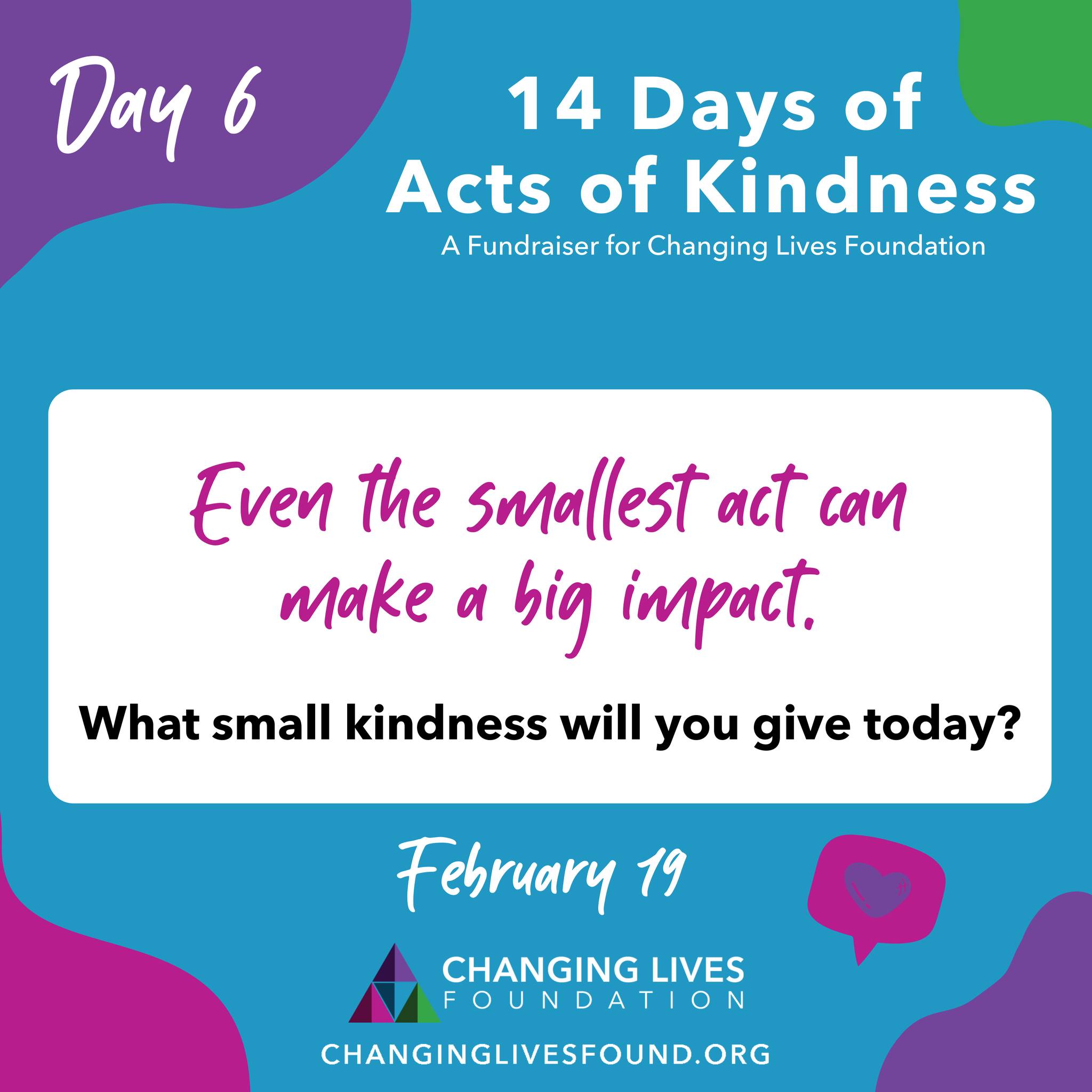 One small choice can make a big difference.
Tell us what you did in the comments and share this to inspire another act today.
#changinglivesfound #up2Him #nonprofit #fundraiser #kindness #actsofkindness #14days #february #day6