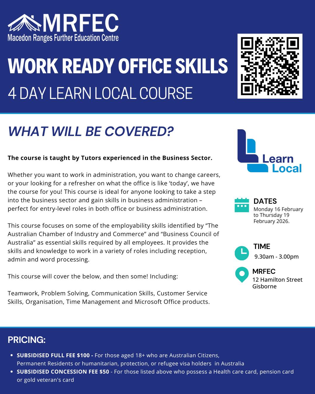 Are you returning to work after a career break and looking to 'catch up'? Are you looking to get an introduction into the business or administration sector? Or are you looking for a career change and don't know where to start? We have the perfect course for you!
Starting THIS Monday 16 February at 9.30am, we are running our new 4 Day Work Ready Office Skills course, designed to be a jumping off point for all of those above. Ran by two local tutors experienced in the Business Sector at the subsidized price of $100 full fee and $50 for eligible concession holders, you don't want to miss out!
For further information on subsidised fee eligibility and online enrolment, head to our website www.mrfec.net.au, email us at enquires@mrfec.net.au, call us on 03 5428 3799 or pop in to say hello at our office! 😁