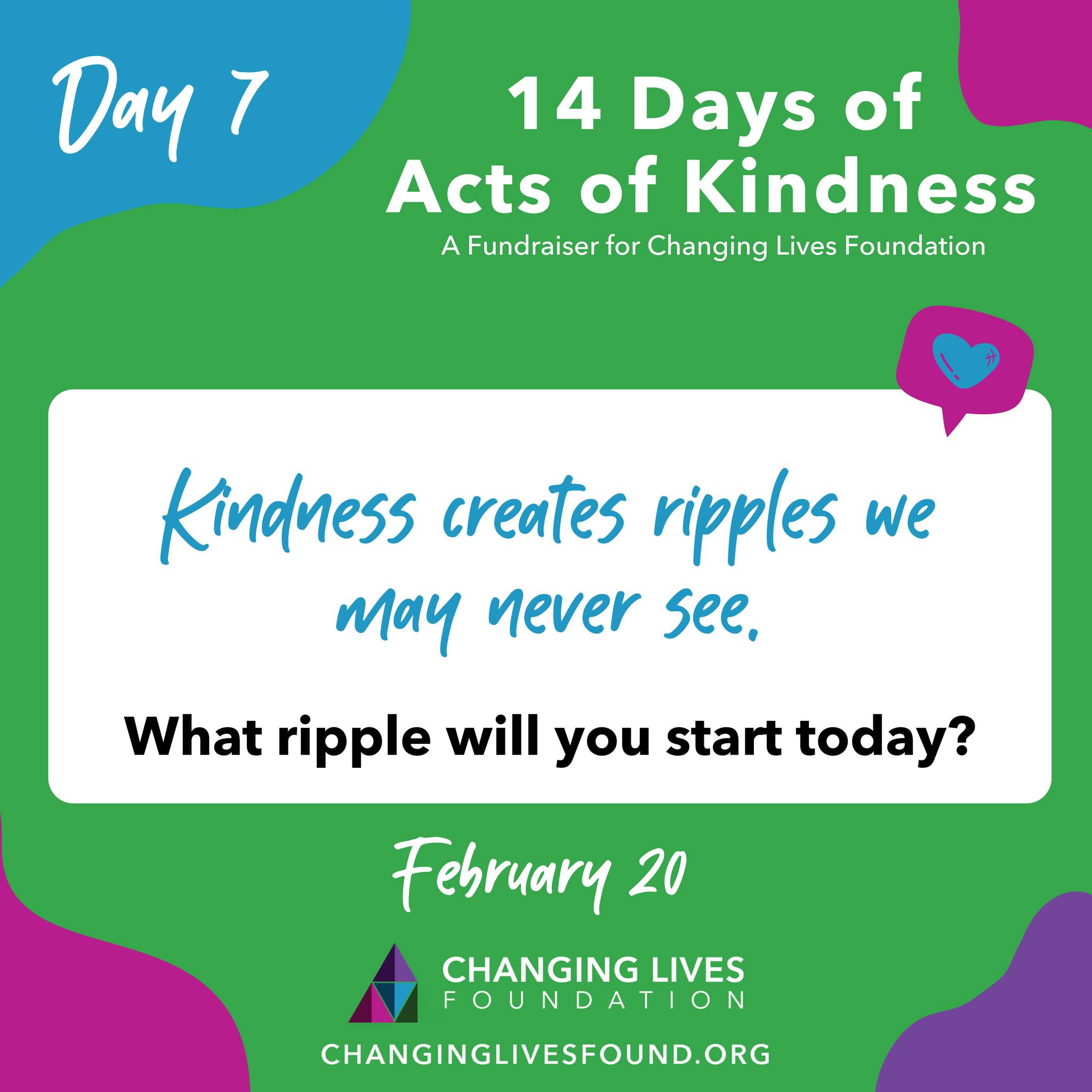 Ripples start with one simple action.
Comment your ripple and share this post to start another. 💛
#changinglivesfound #up2Him #nonprofit #fundraiser #kindness #actsofkindness #14days #february #day7
